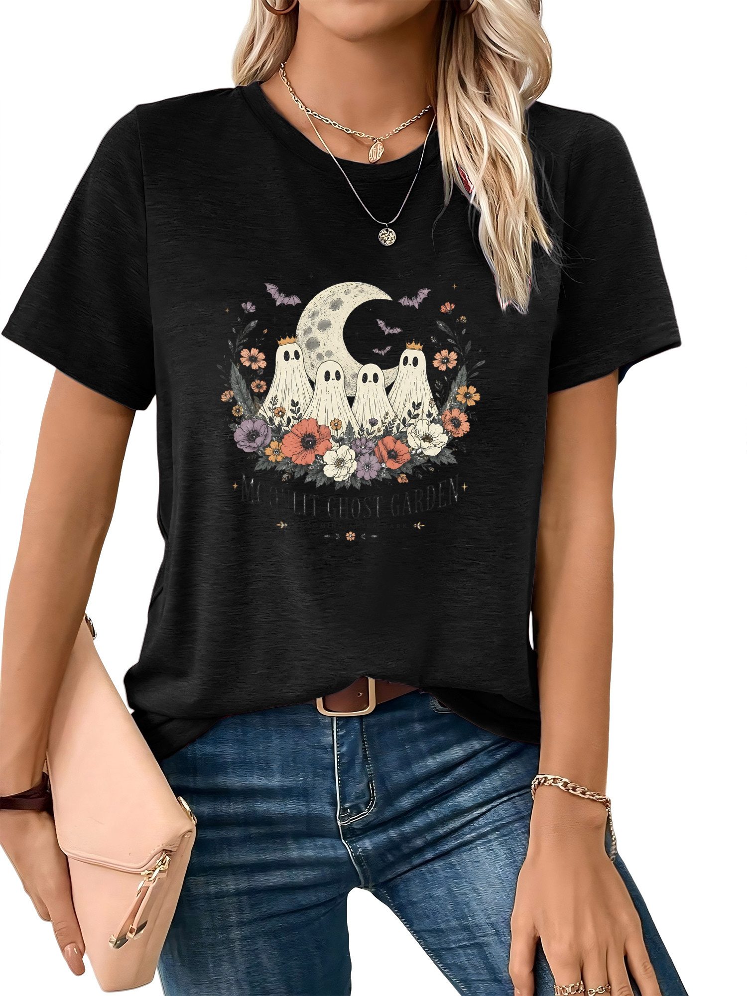 PYLIKE T-Shirt Damen Halloween bequemes t shirt mit Geister Print-Shirt Halloween Special Feiertag tragen