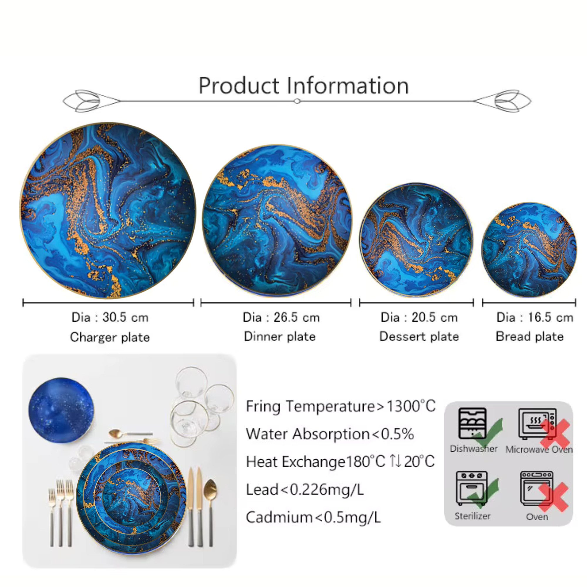 Quality Elegance Speiseteller Blue Planet Gold Rimmed Keramik Tellerset 4-Pcs Elegantes Geschirrset, (4 St)
