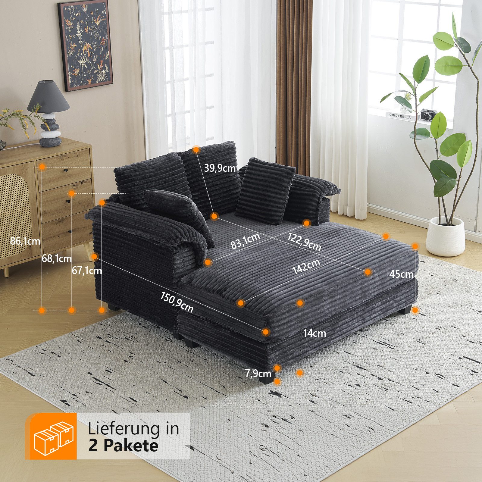 VINGLI Chaiselongue 2-Sitzer Cord Schlafsofa, Breite 142cm, Loungesofa mit Schlaffsunktion, Großer Chaiselongue-Sessel für Wohnzimmer, Schlafzimmer oder Büro – Bild 2 von 5