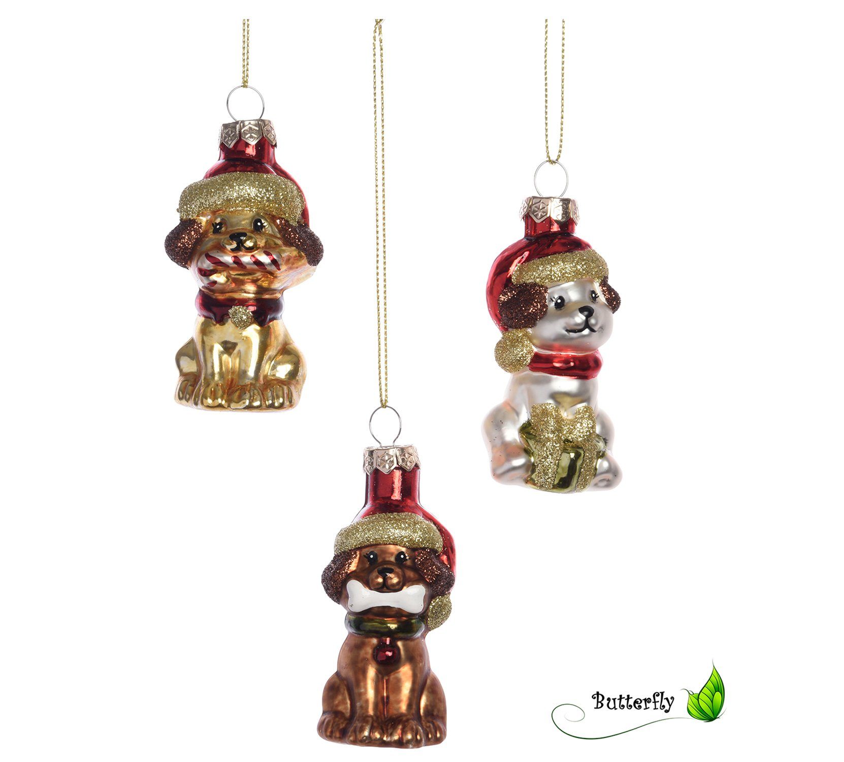 Decoris season decorations Christbaumschmuck, Christbaumschmuck Mix Hund Glas 7cm, 3er Set