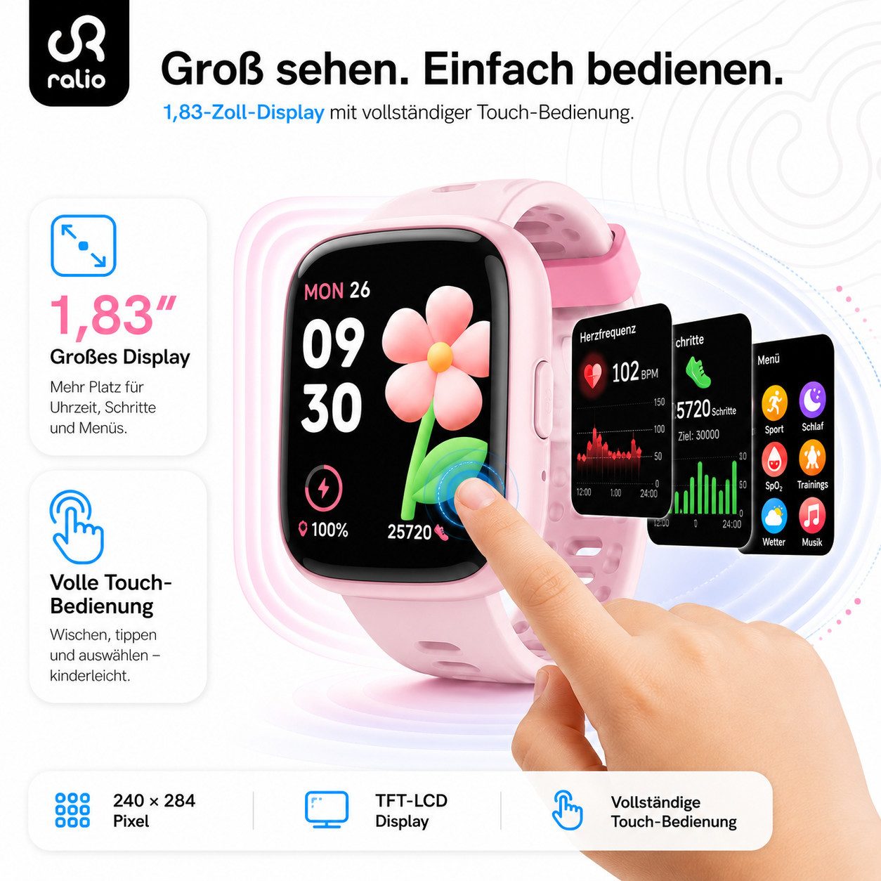 Ralio Smartwatch Kinder als Geschenk für Mädchen & Jungs mit Apple „Wo ist?“ Smartwatch (1.83 Zoll) 80+ Sportmodi, Spielen, Schlaftracking und smarten Funktionen, Sportwatch mit Schrittzähler, Wecker, IP68 Smartwatch