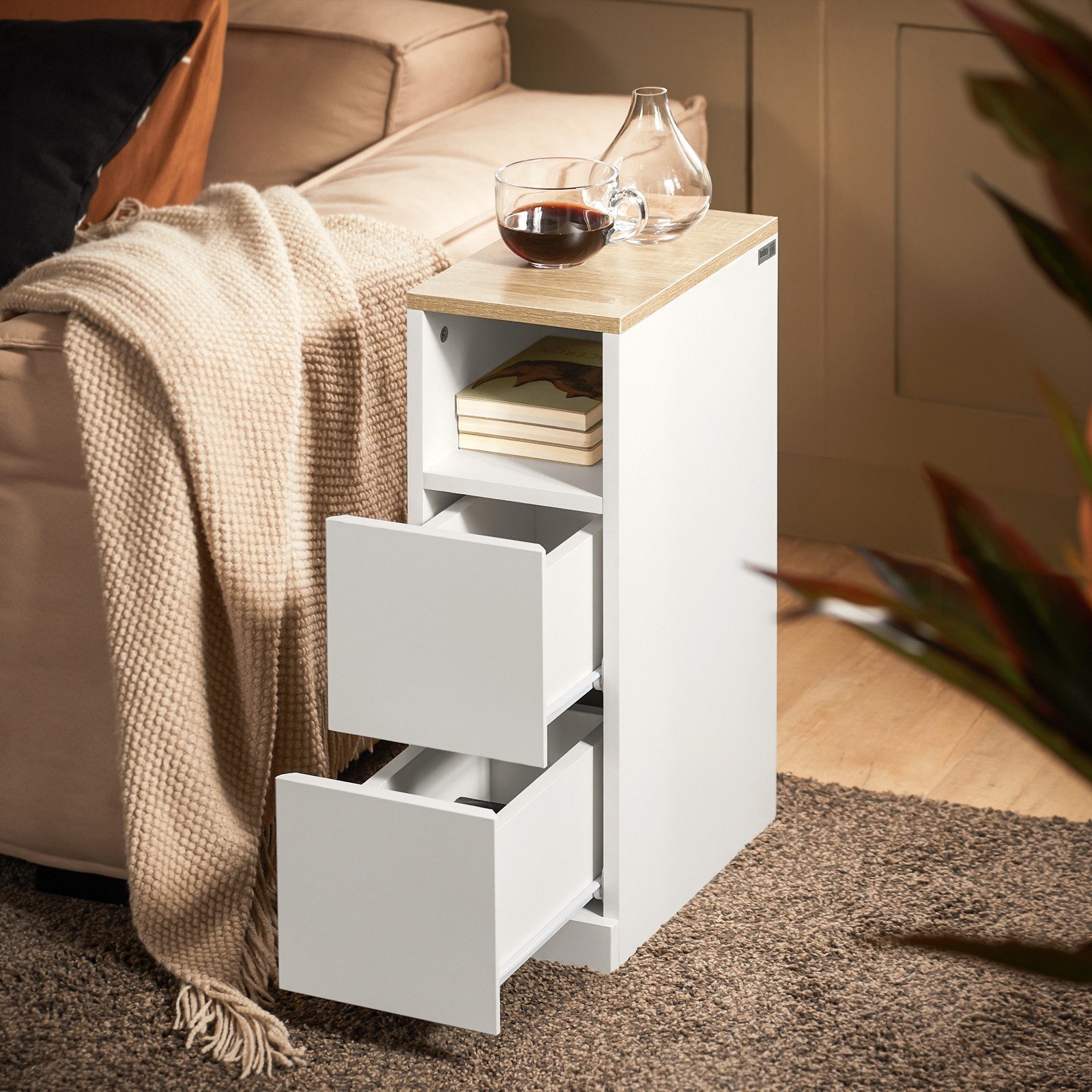 SoBuy Beistelltisch FBT149, Nachttisch schmal, Nachtschrank Couchtisch, (1-St) Nachttisch mit 2 Schubladen und Ablage, schmal, offenes Fach, Dielentisch