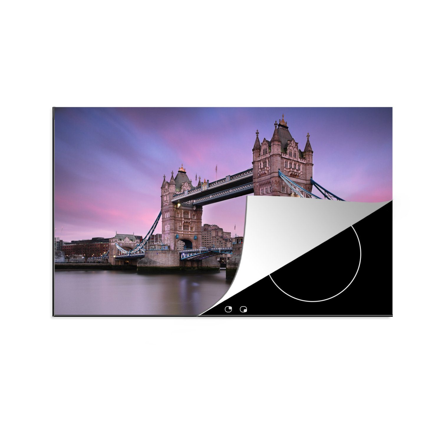 MuchoWow Herdblende-/Abdeckplatte Rosa und lila Himmel über der Tower Bridge in England, Vinyl, (1 tlg), 81x52 cm, Induktionskochfeld Schutz für die küche, Ceranfeldabdeckung | Herdabdeckplatten