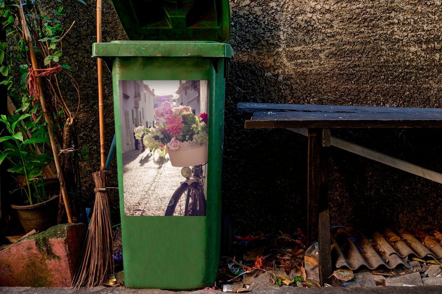 - Mülleimer-aufkleber, Wandsticker Abfalbehälter St), Sticker, Container, Mülltonne, - Blumen Fahrrad (1 Korb MuchoWow