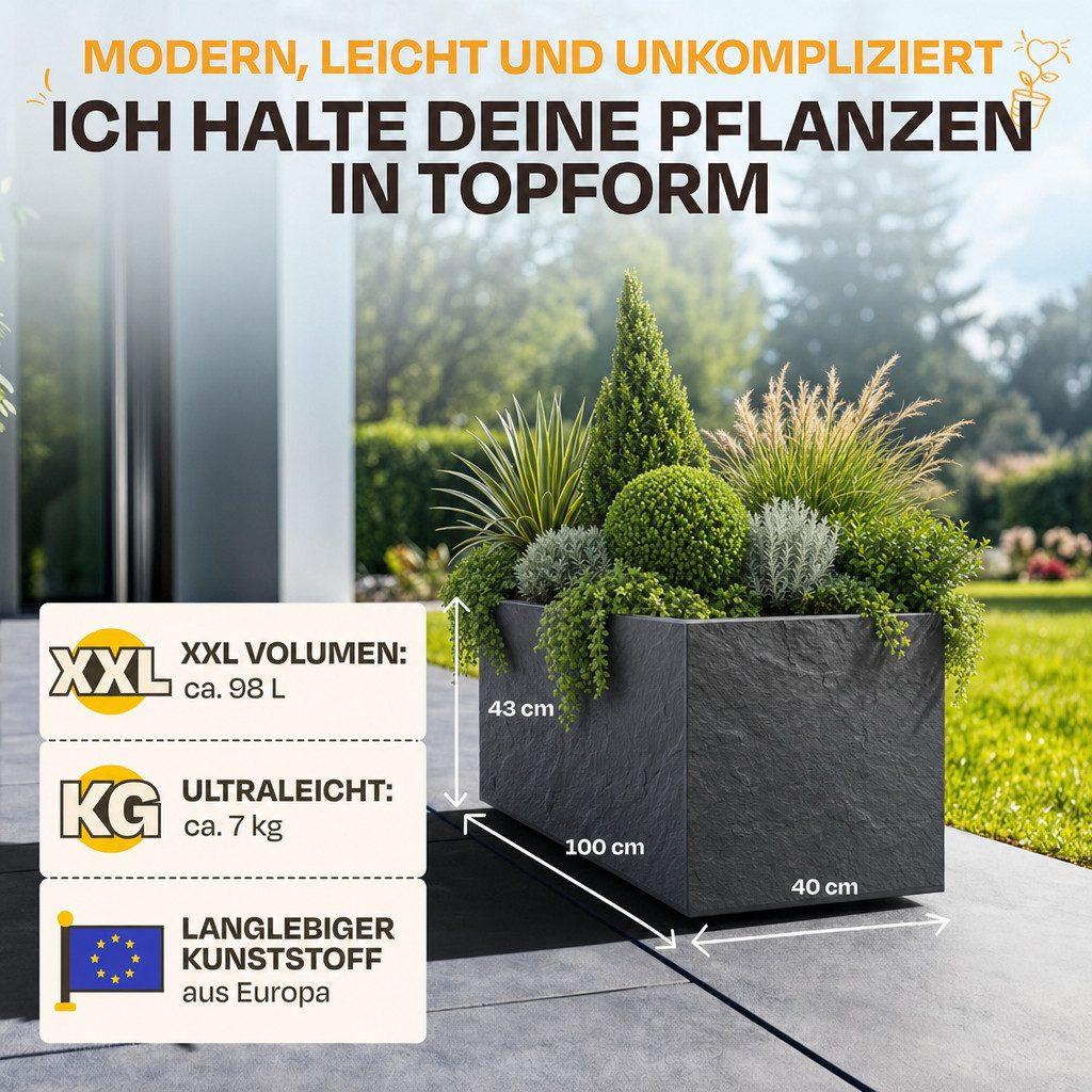 ONDIS24 Pflanzkübel Blumenkübel Blumentopf Vulkan 100cm Vulkan/Basalt Optik, mit Wasserspeicher Pflanzenkasten winterfest, 100 x 40 x 43,5 (H) cm