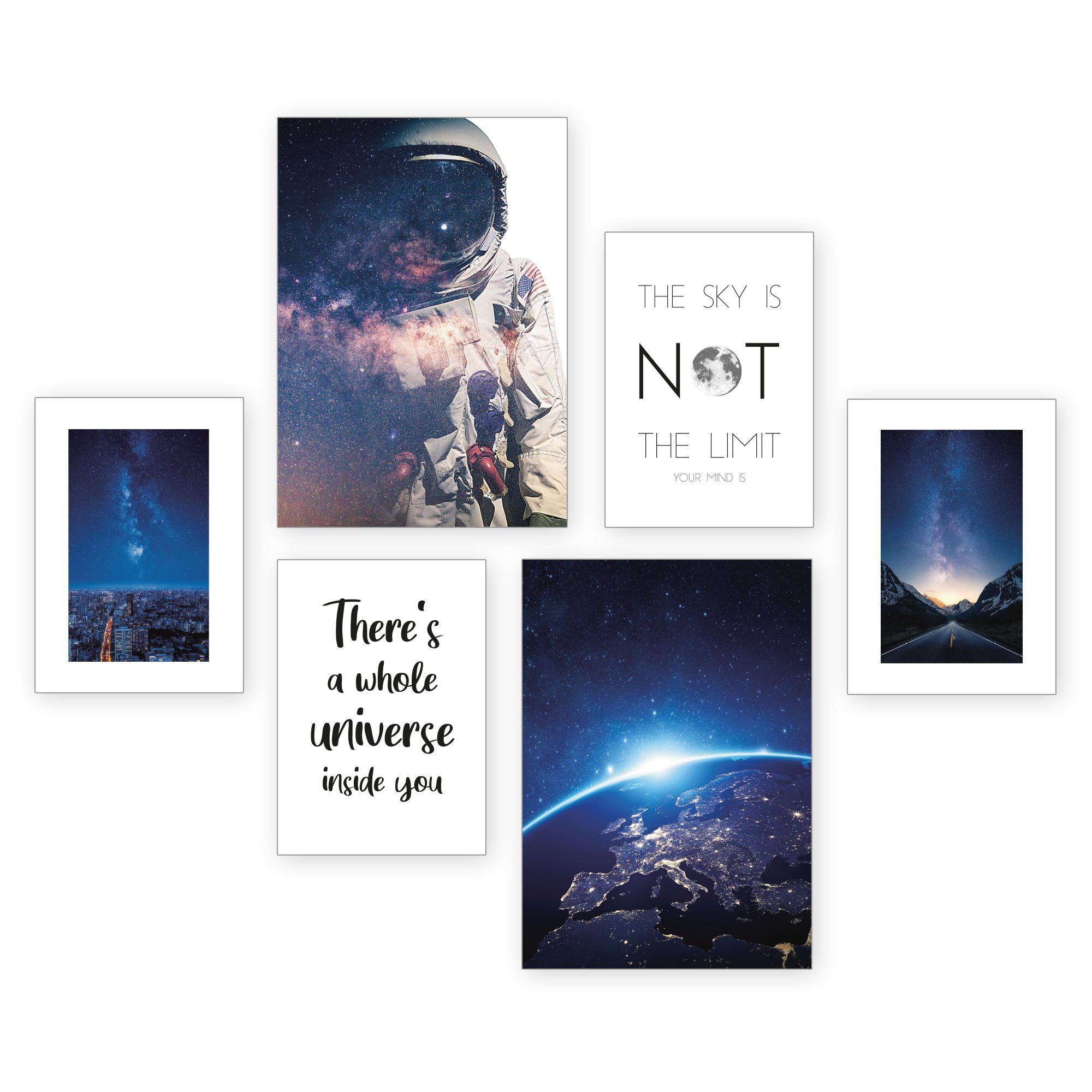 Kreative Feder Плакат, Astronaut, Weltall, Space, Wissenschaft, Erde, Sterne, Universum (Set, 6 St), 6-teiliges Плакат-Set, Wandbild, Плакатwand, optional mit Rahmen