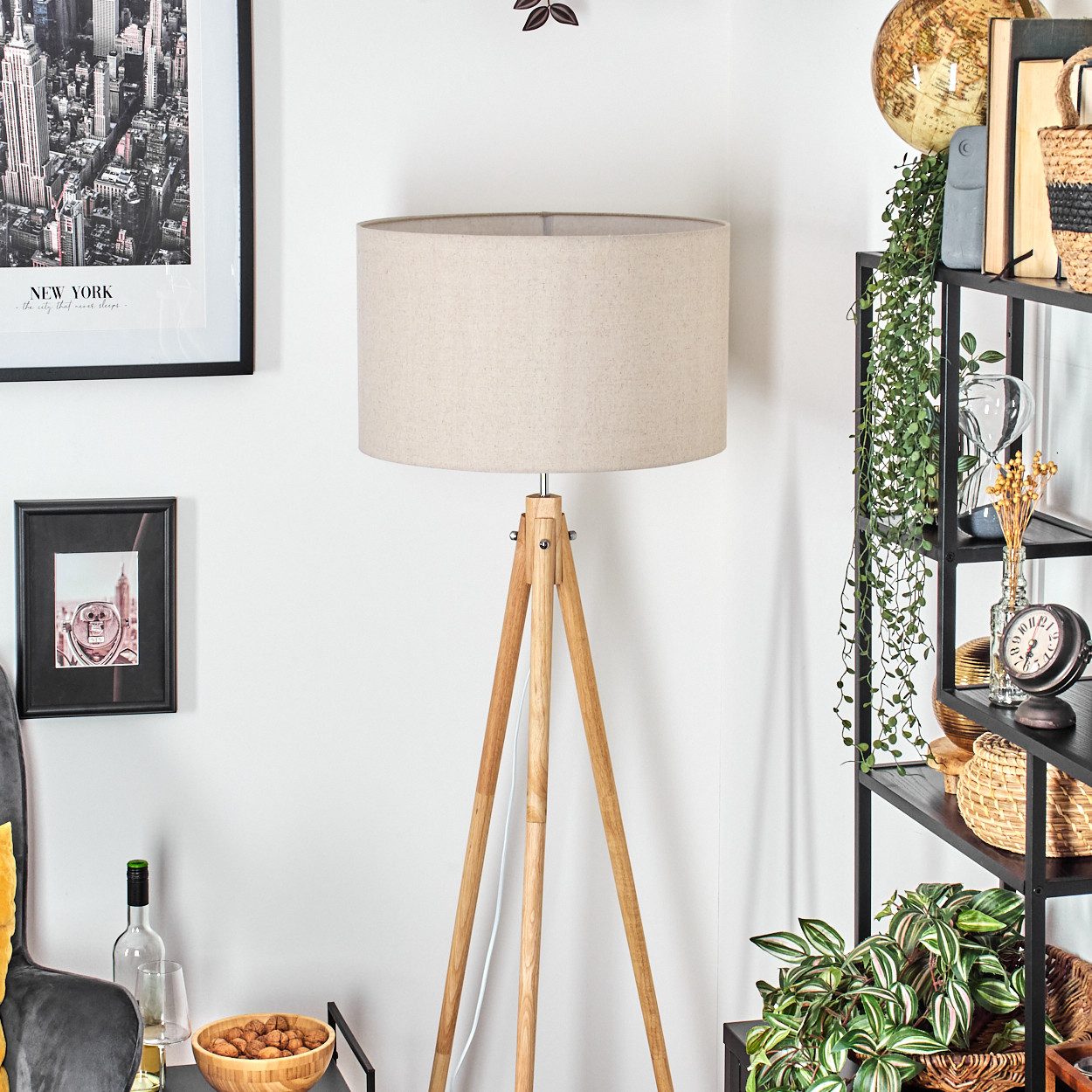 hofstein Stehlampe Stehlampe aus Holz/Stoff in Naturfarben/Beige/Weiß, ohne Leuchtmittel, skandinavische Design Leuchte, Schirm (50 cm) u. Fußschalter, 1 xE27