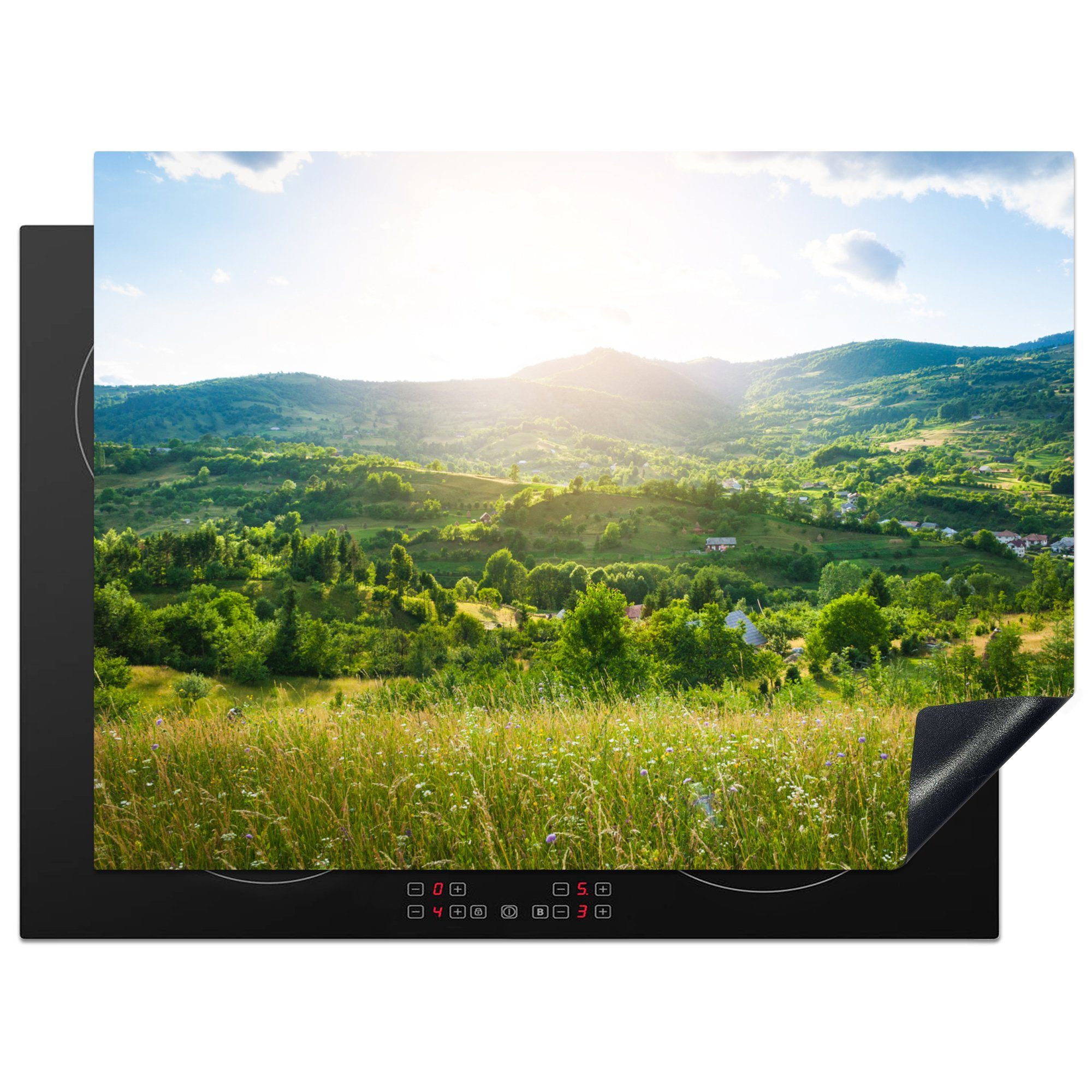 MuchoWow Herdblende-/Abdeckplatte Wald - Landschaft - Sonne - Natur - Sonnenaufgang, Vinyl, (1 tlg), 70x52 cm, Mobile Arbeitsfläche nutzbar, Ceranfeldabdeckung
