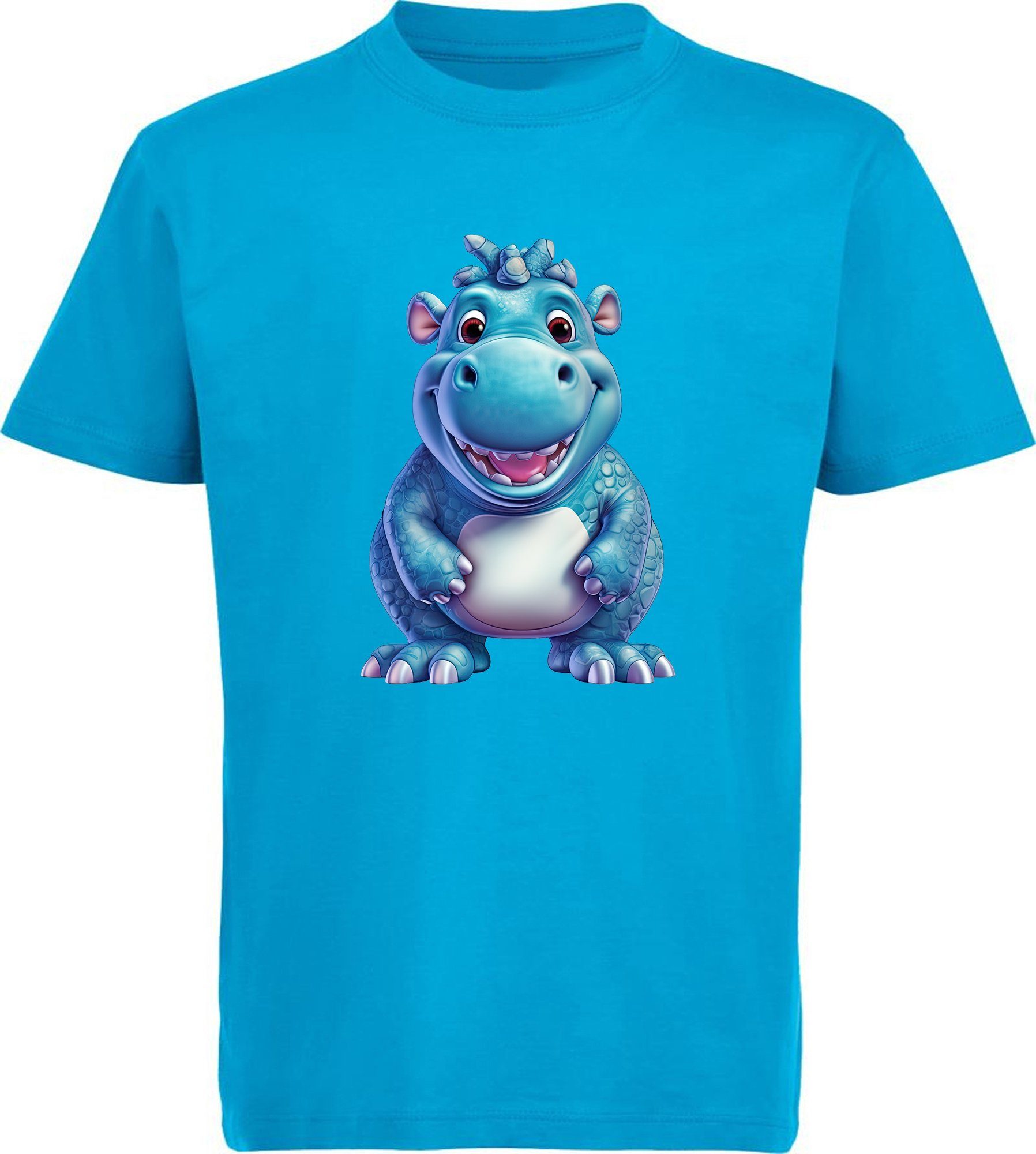MyDesign24 T-Shirt Kinder Wildtier Print Shirt bedruckt - Baby Hippo Nilpferd Baumwollshirt mit Aufdruck, i274 aqua blau