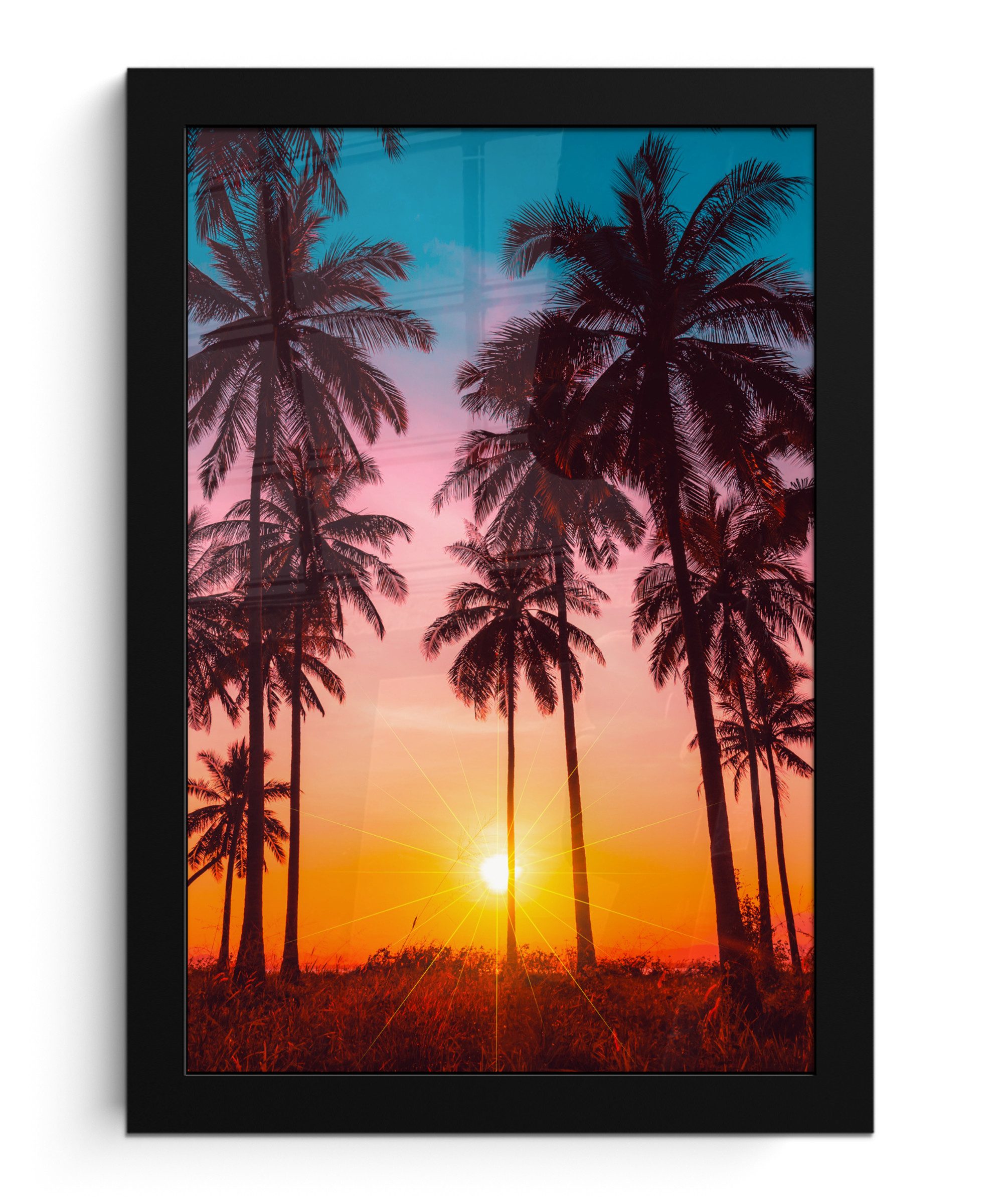 MuchoWow Poster Palme - Sonnenuntergang - Horizont - Strand - Orange - Rosa, Palmen (1 St), Bilderrahmen, Zimmer Deko, Bild für Wohnzimmer, 20x30 cm