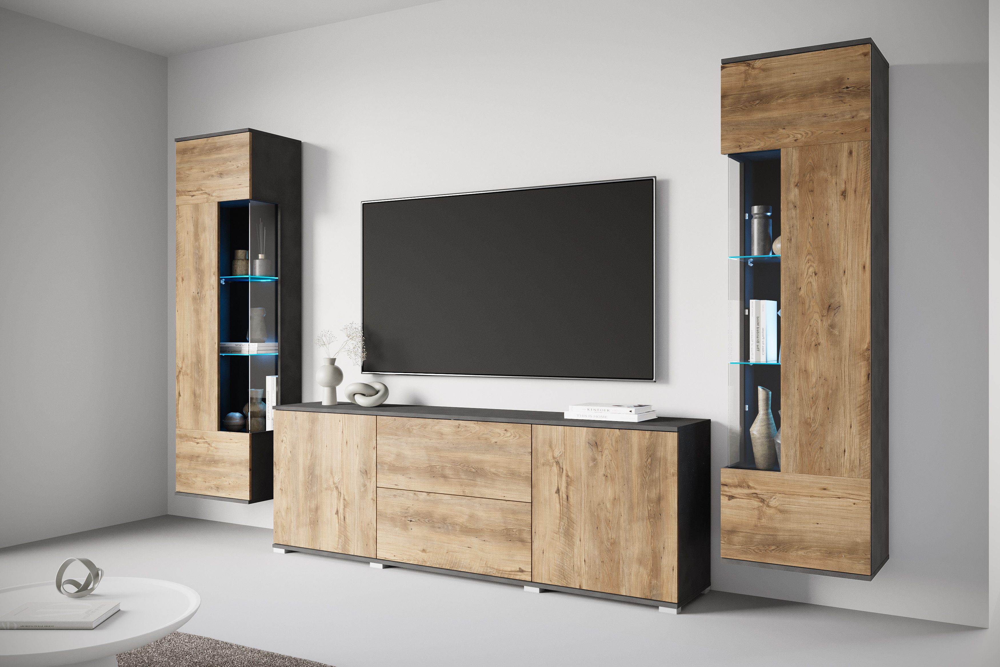 OTTO home Wohnwand KENIA, (Komplett-Set, 3-St), Vitrinen mit Eckverglasung, hängend und stehend montierbar