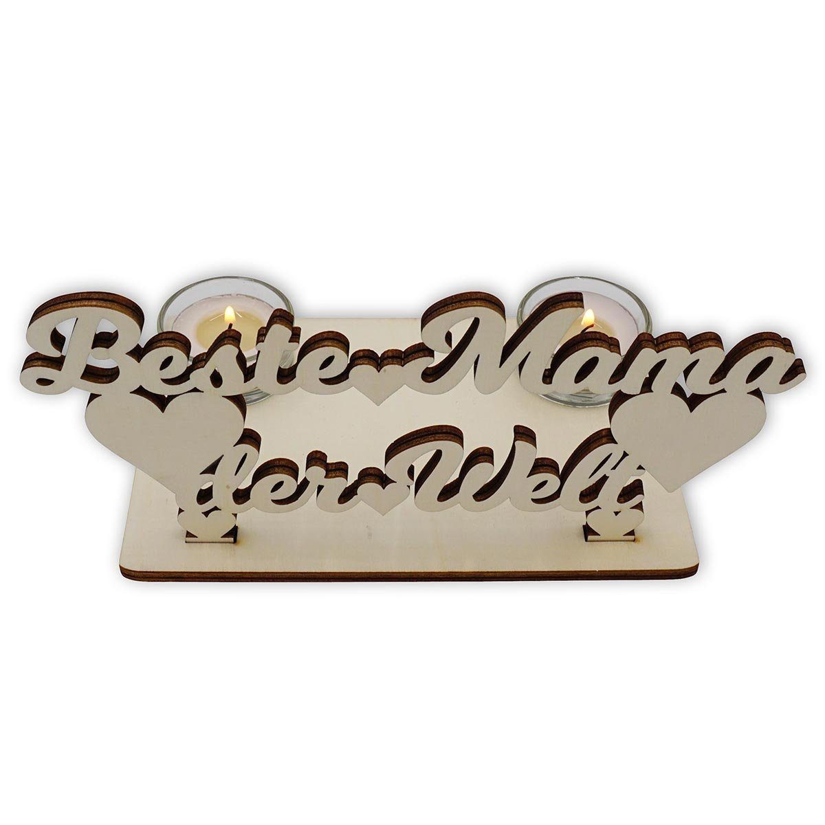 Namofactur Teelichthalter Beste Mama der Welt - Schriftzug aus Holz mit Herzen (2-teilig), Deko Kerzenständer aus Holz für 2 Teelichter - Muttertagsgeschenk