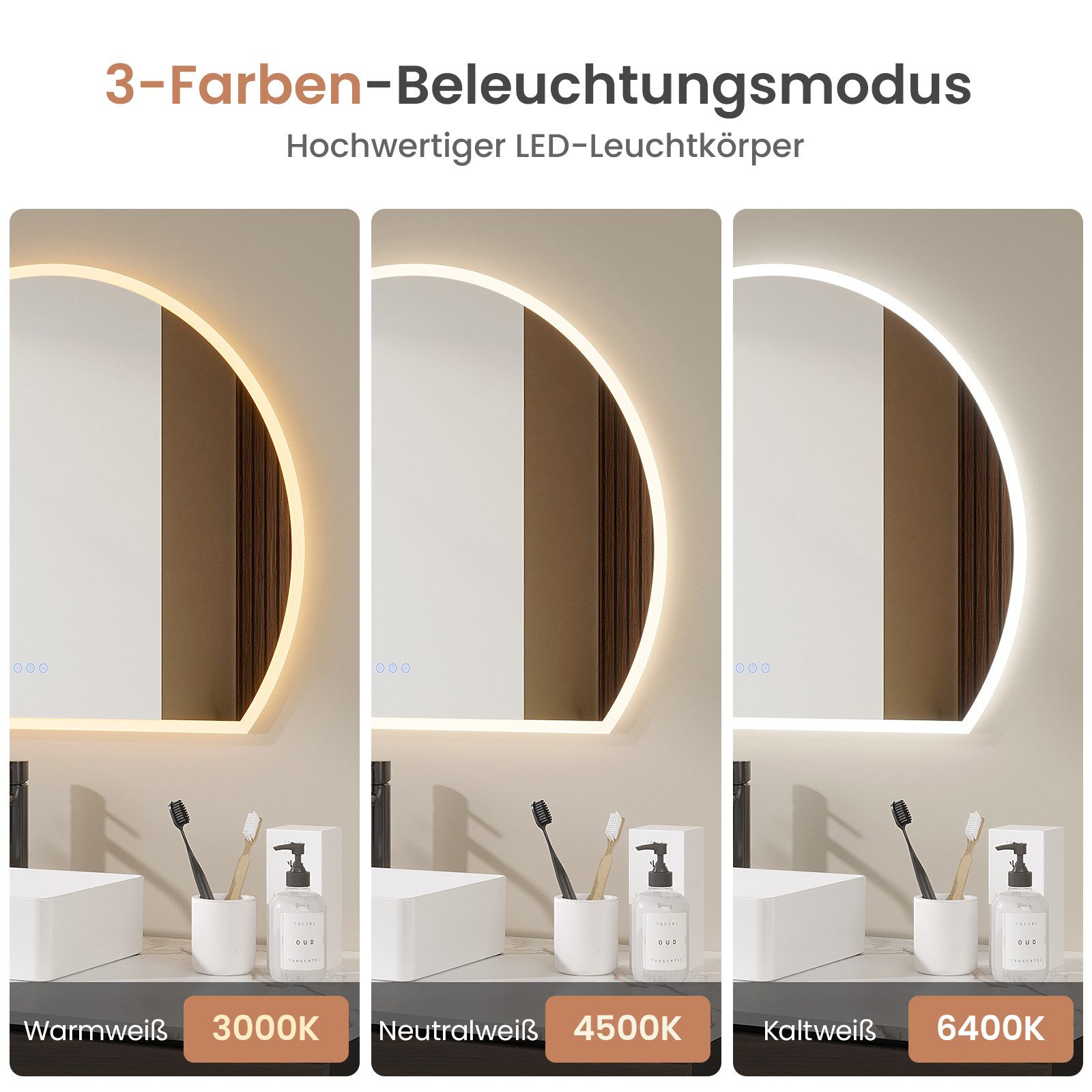 AQUALAVOS Dekospiegel LED-Lichtspiegel Badspiegel Halbrundspiegel Wandspiegel für Bad Flur, 100 x 80 x 3cm Touch Einstellbar 3 Lichtfarben vertikale/horizontale – Bild 4 von 5