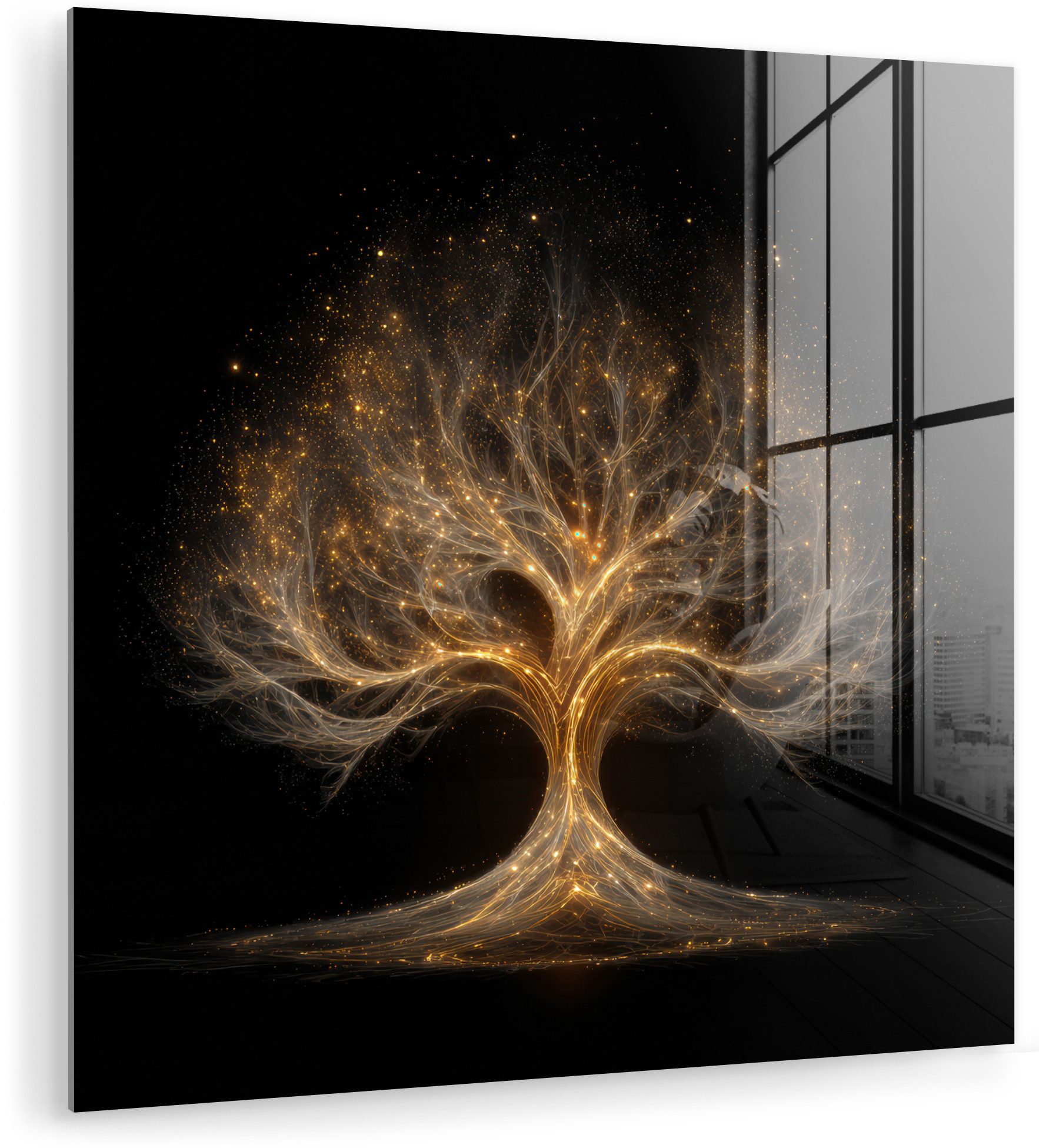 MuchoWow Acrylglasbild Lichter - Baum - Abstrakt - Schwarz, Inkl. Aufhängung, Bilder auf Glas Wandbild, Wanddeko Wohnzimmer Badezimmer, 20x20 cm