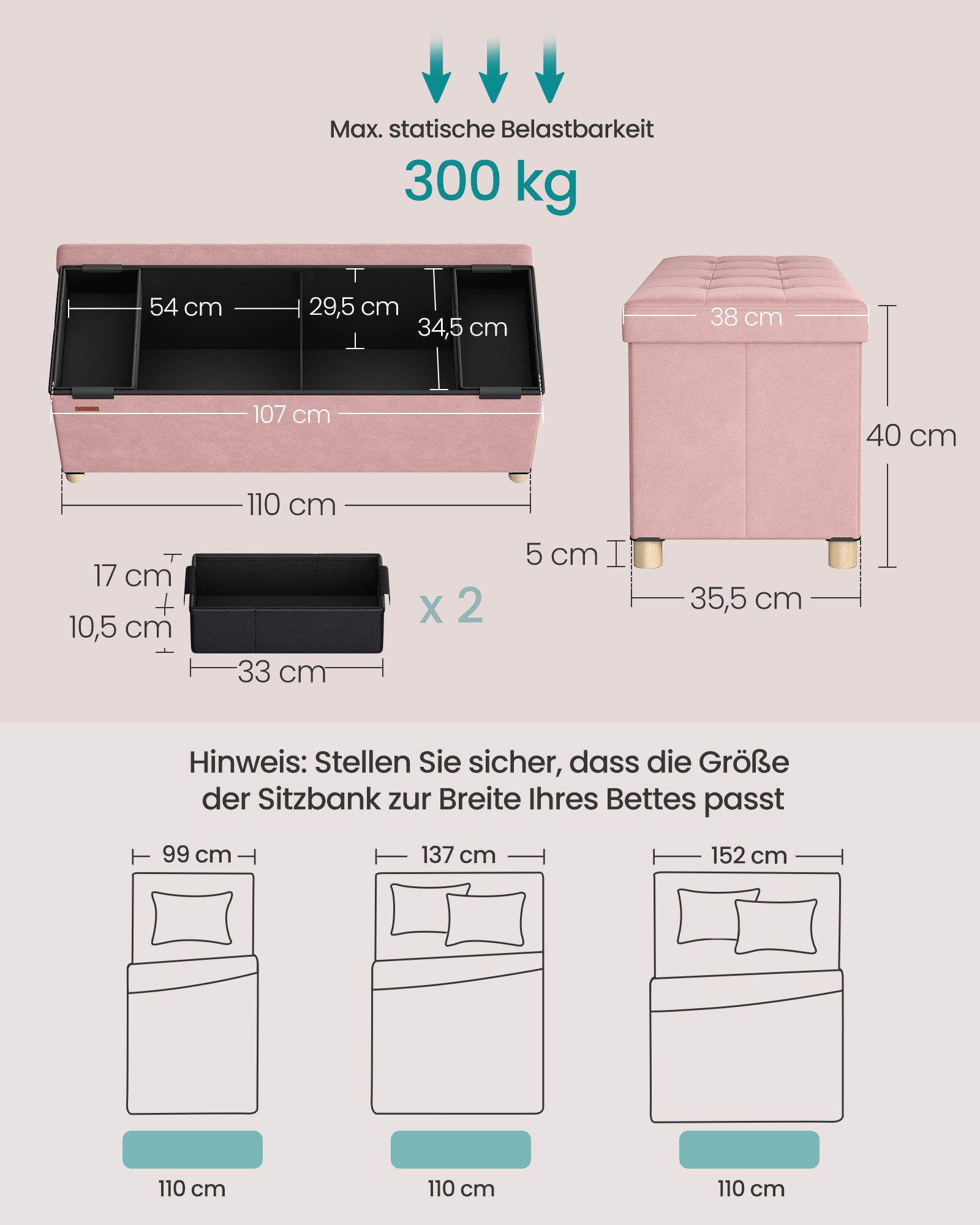 SONGMICS Sitzbank, Sitzbank, Aufbewahrungsbox faltbar, 38 x 110 x 40 cm, Hocker