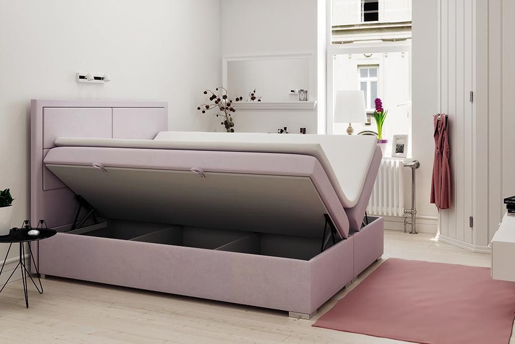 JVmoebel Boxspringbett Luxuriöses Doppelbett in Rosé mit Stauraum und Edelstahlfüßen (1-St)