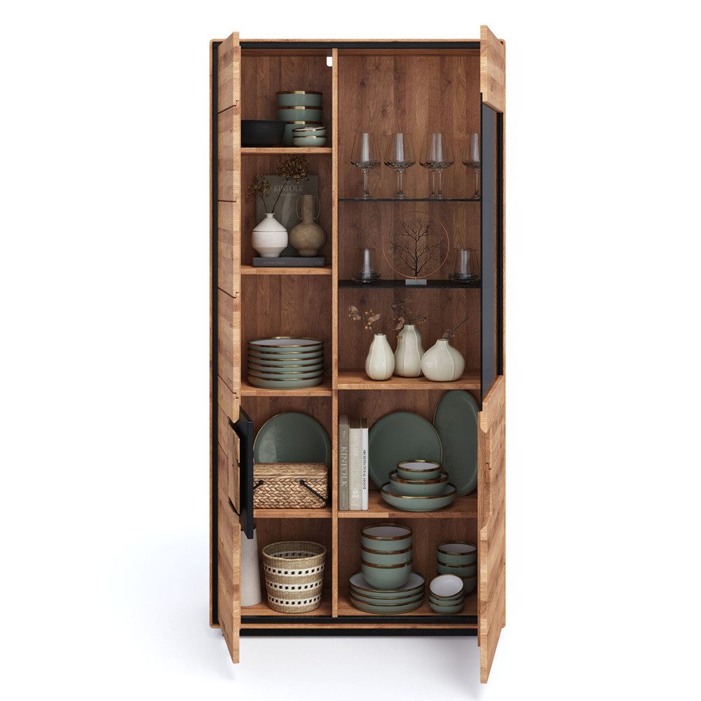 Lomadox Vitrine WOODBRIDGE-69 in Eiche massiv geölt, 100 cm breit, Hirnholz, montiert
