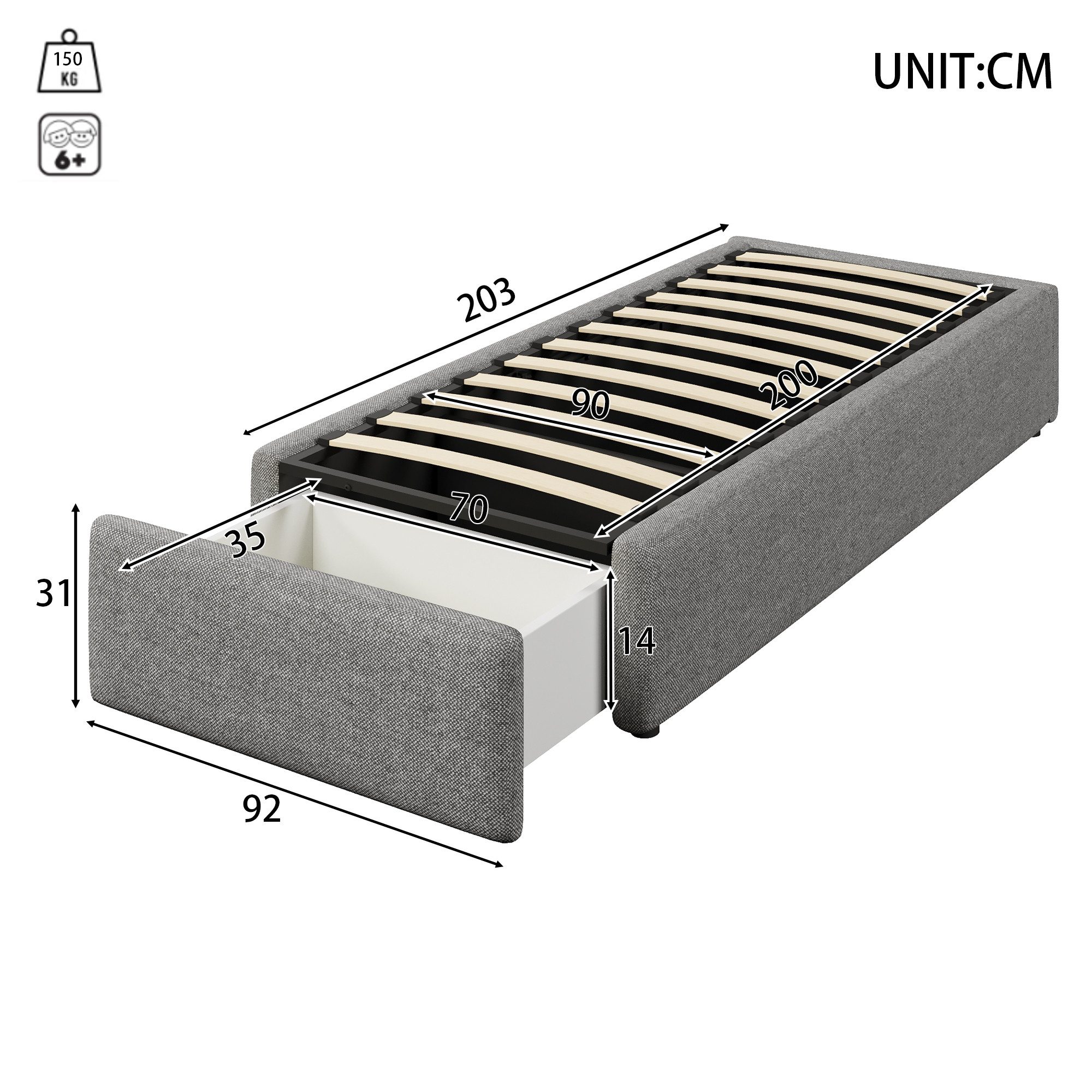 TavilaEcon Polsterbett 140×200 cm ohne Kopfteil, mit hydraulischer Bettkasten und Schubladen, aus massivem MDF und Spanplatten, mit stabilem Bettrahmen – Bild 4 von 5