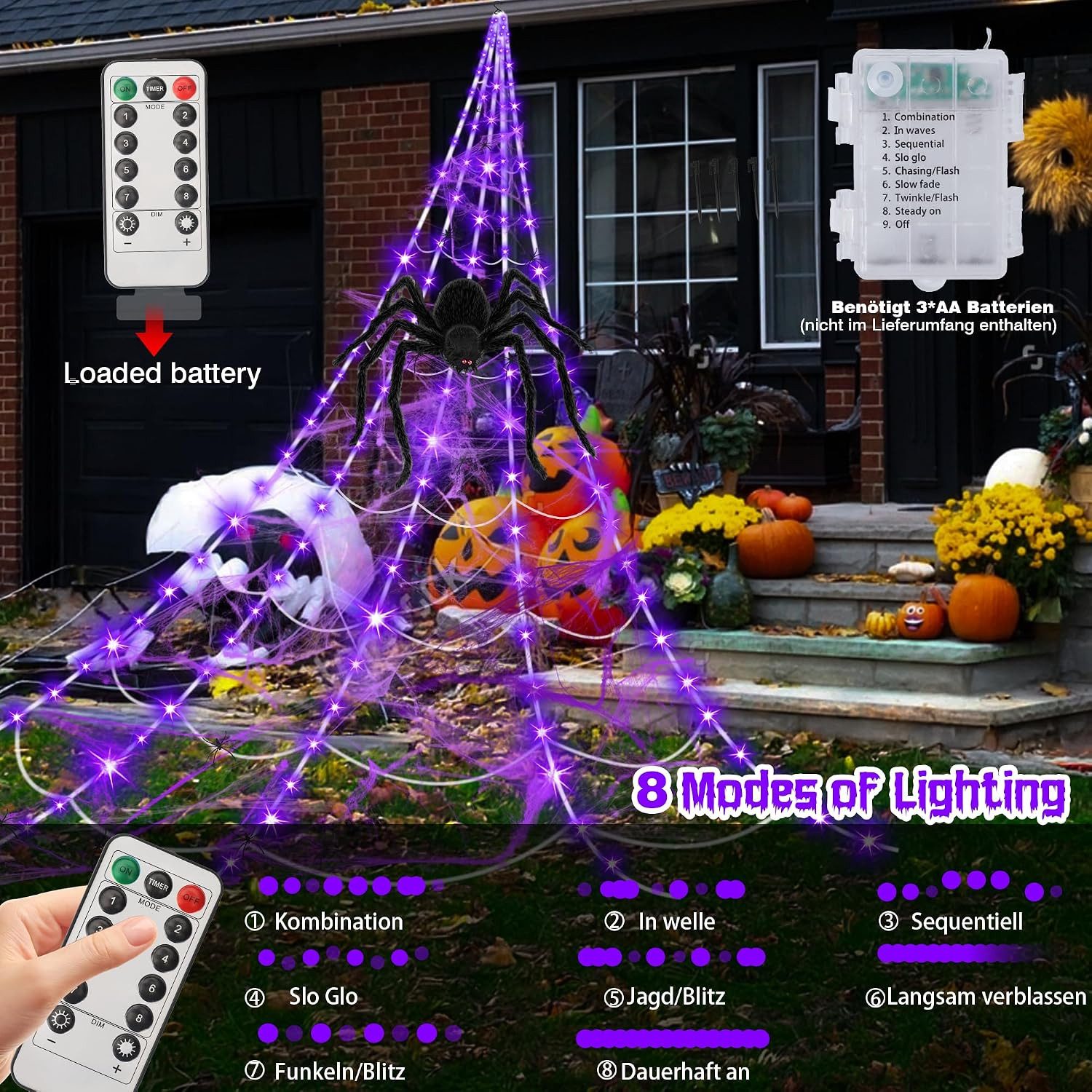 skelo Dekolicht 5M Spinnennetz Halloween Deko Außen, 150 LED mit Fernbedienung & Timer, Dekolicht Halloween, LED fest integriert, Lila Orange, Lila, Riesen Spin – Bild 4 von 5