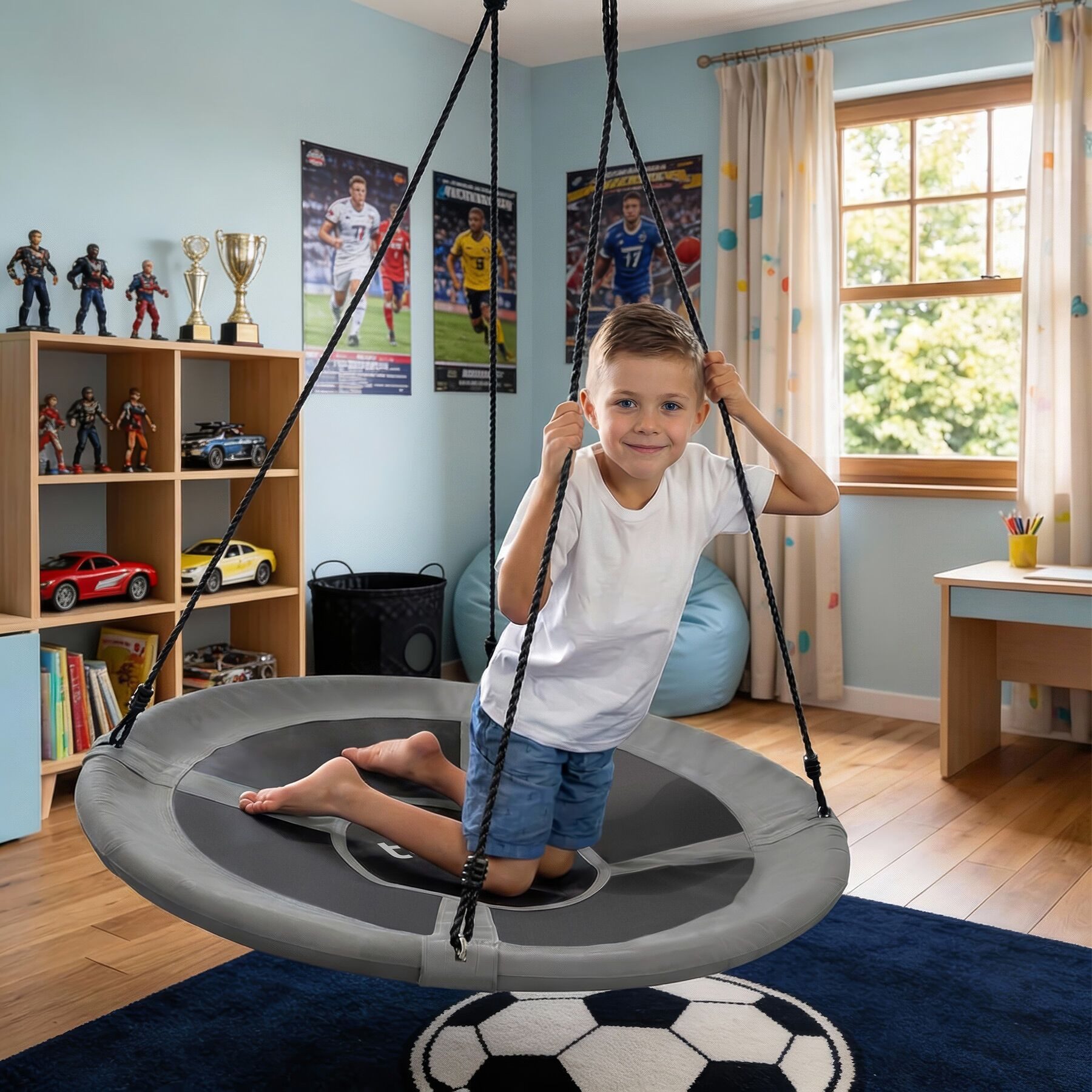 tectake Nestschaukel Tellerschaukel, höhenverstellbar, für innen und außen, Ø 120 cm, (höhenverstellbarer Schaukelsitz Swayer, in grau/schwarz), getestet mit 300 kg, geprüft nach DIN EN 71-8, gepolsterter Rand