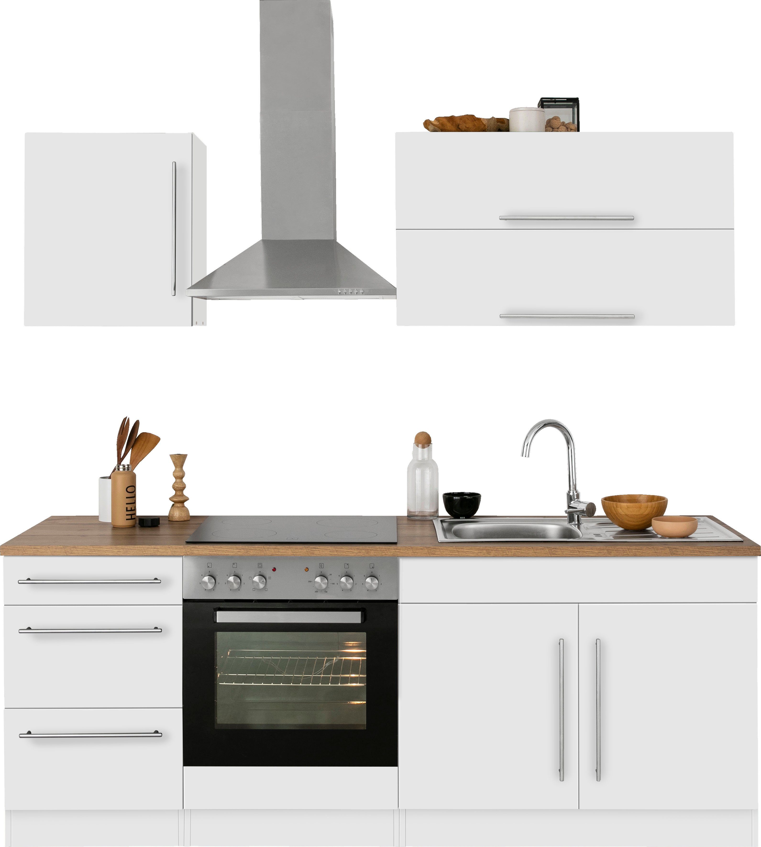 HELD MÖBEL Küchenzeile Samos, mit E-Geräten, Breite 210 cm mit Stangengriffen aus Metall weiß