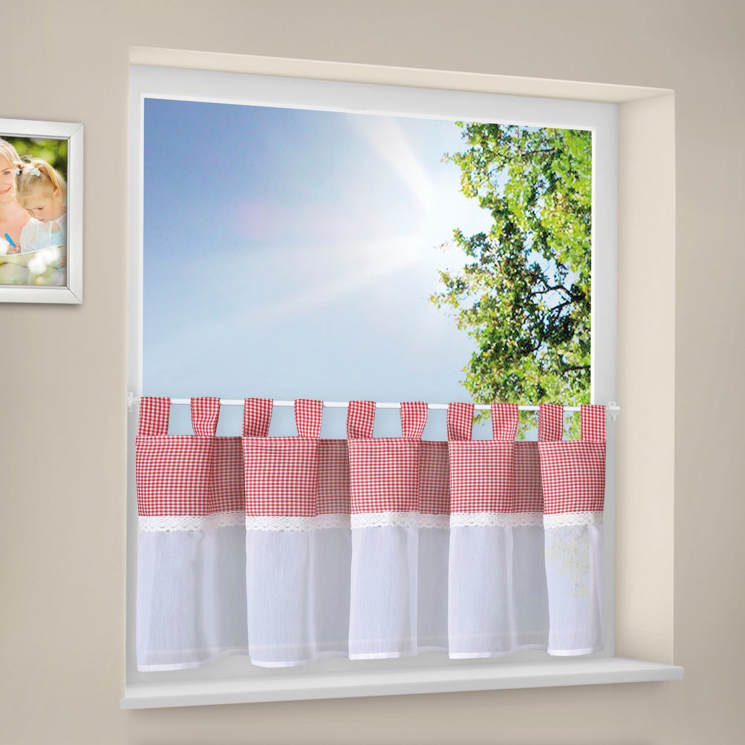 Gerster Scheibengardine Bavaria (1 St), Schlaufen, transparent, HxB: 50x150, mit Karo-Muster und Spitzenbesatz
