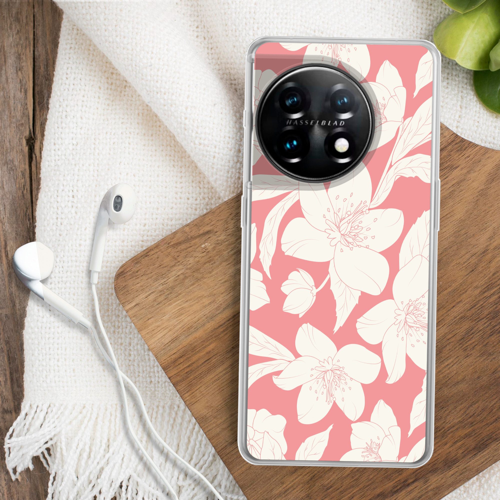 MuchoWow Handyhülle für OnePlus 11 Blumen - Muster - Rosa - Weiß, Handy Case, Silikon, Bumper Case Dünn
