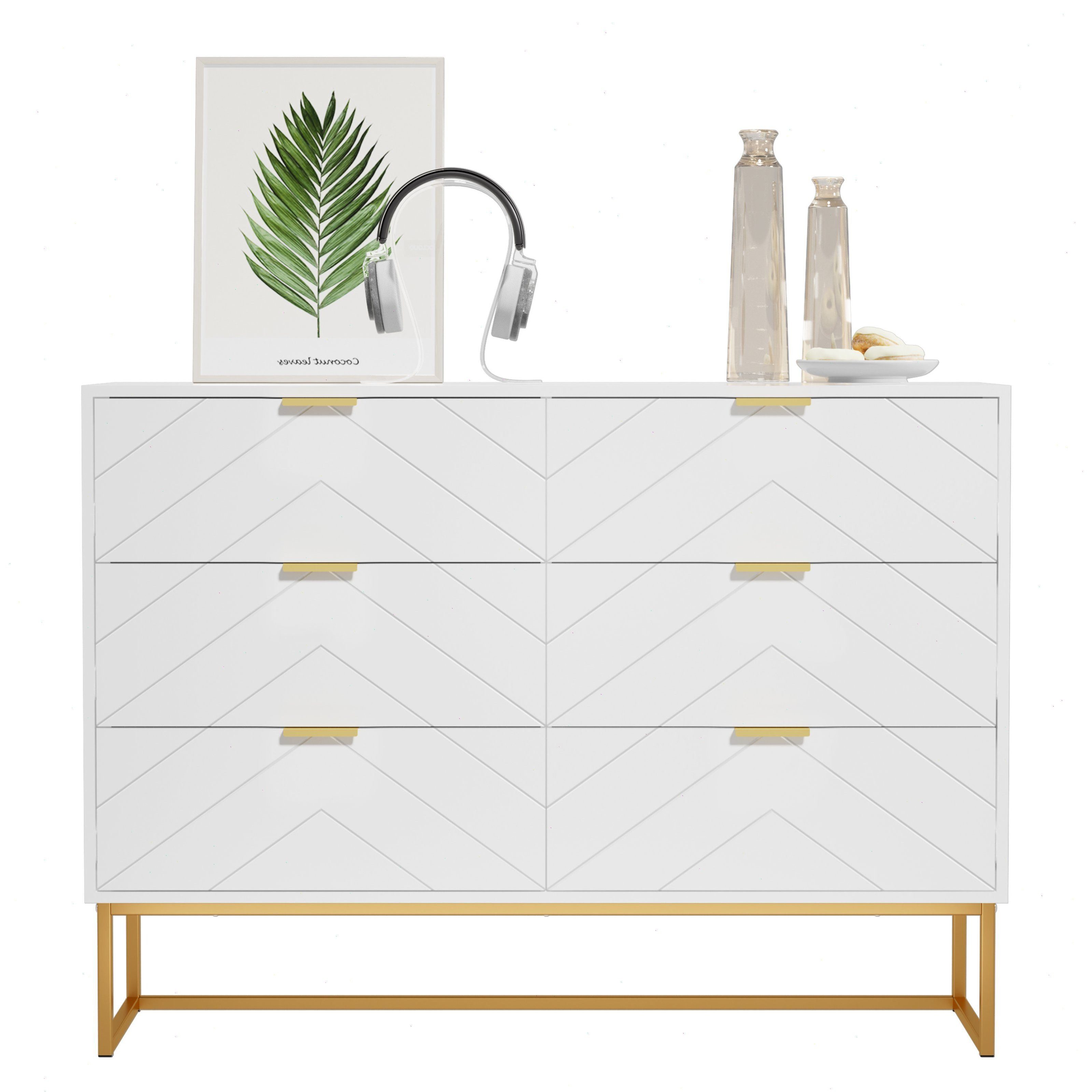 UEV Sideboard mit 6 Schubladen, Highboard Mehrzweckschrank mit Kisppschutz (für Wohnzimmer Schlafzimmer Büro Flur, 100x34x73,5cm), Кухниschrank Buffet TV Board Schrank mit Füße Aufbewahrungsschrank