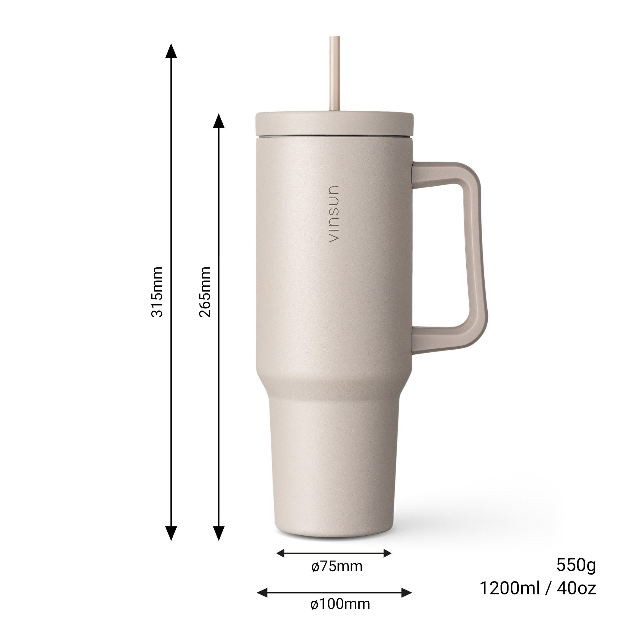 Vinsun Thermobecher Edelstahl Tumbler 1200ml 40oz - Isolierbecher mit Strohhalm und Henkel, 5-tlg., Edelstahl, Doppelwandig isoliert, BPA frei, bruchfest, Kalt- und Heißgetränke