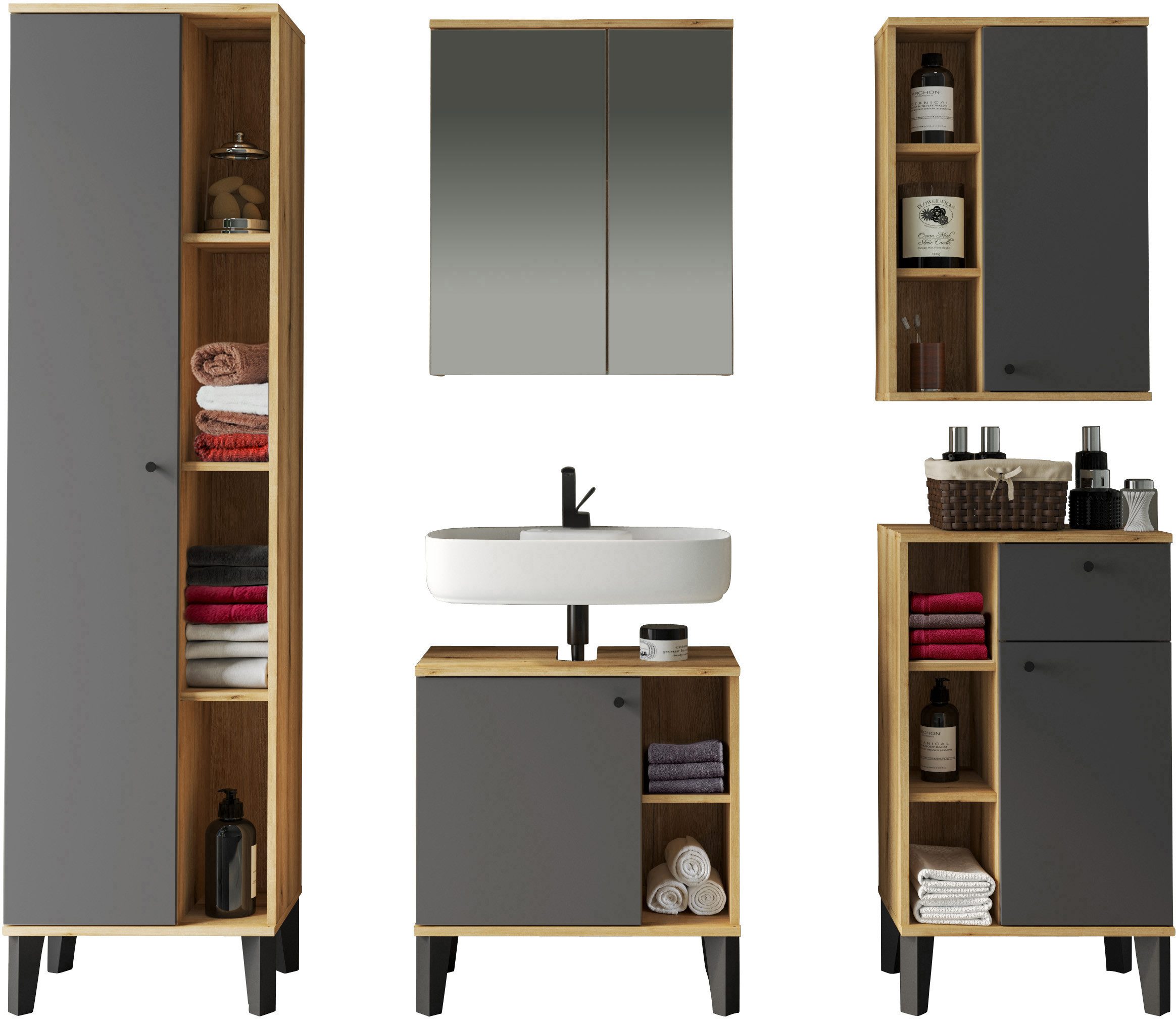 Home affaire Badmöbel-Set OSLO, Bad im skandinavischen Design, 5-teiliges Badezimmer, (Set, 5-St), Badschränke und Spiegel, in zwei Farben verfügbar, viel Stauraum