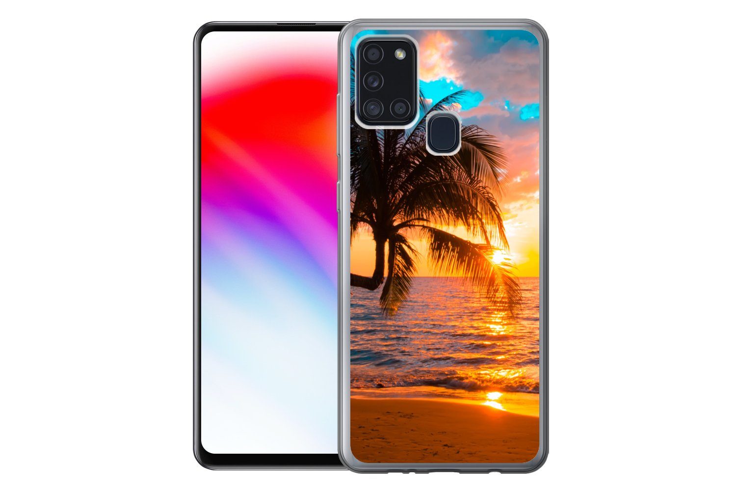 MuchoWow Handyhülle für Samsung Galaxy A21s Palme - Sonnenuntergang - Horizont - Strand -, Smartphone-Bumper, Print, Handy Schutzhülle Dünn