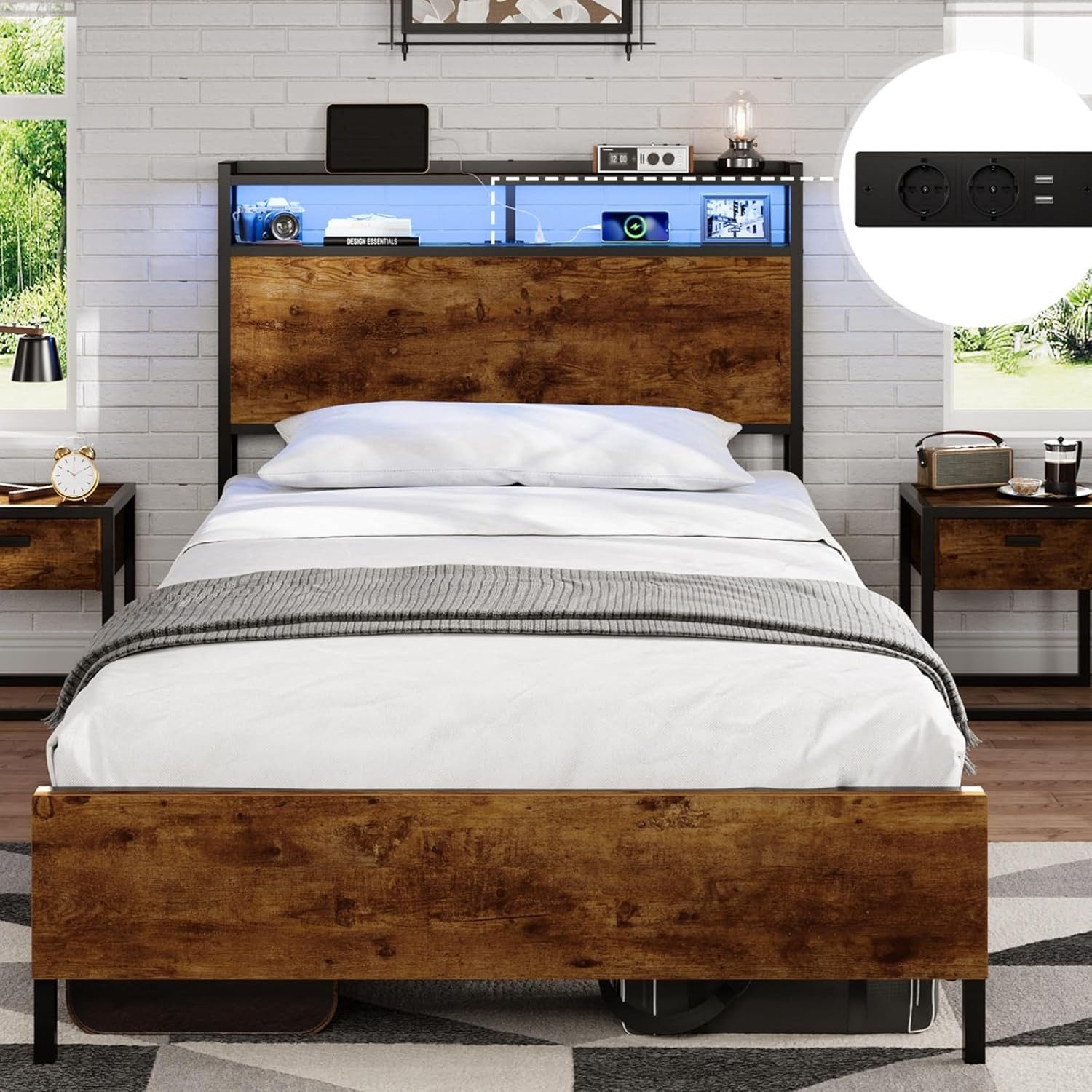 MSMASK Bett Bett mit LED Beleuchtung, Metallbett mit Steckdose, Braun, mit günstig online kaufen