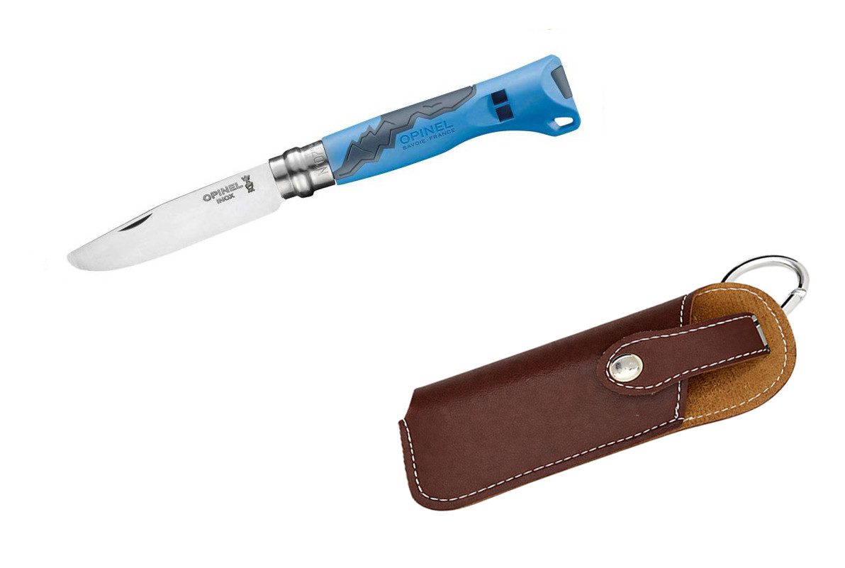 Opinel Taschenmesser Opinel No 07 OUTDOOR JUNIOR blau inkl. Etui, (mit passendem Messer-Etui, Kinder-Schnitzmesser mit abgerundeter Klingenspitze)
