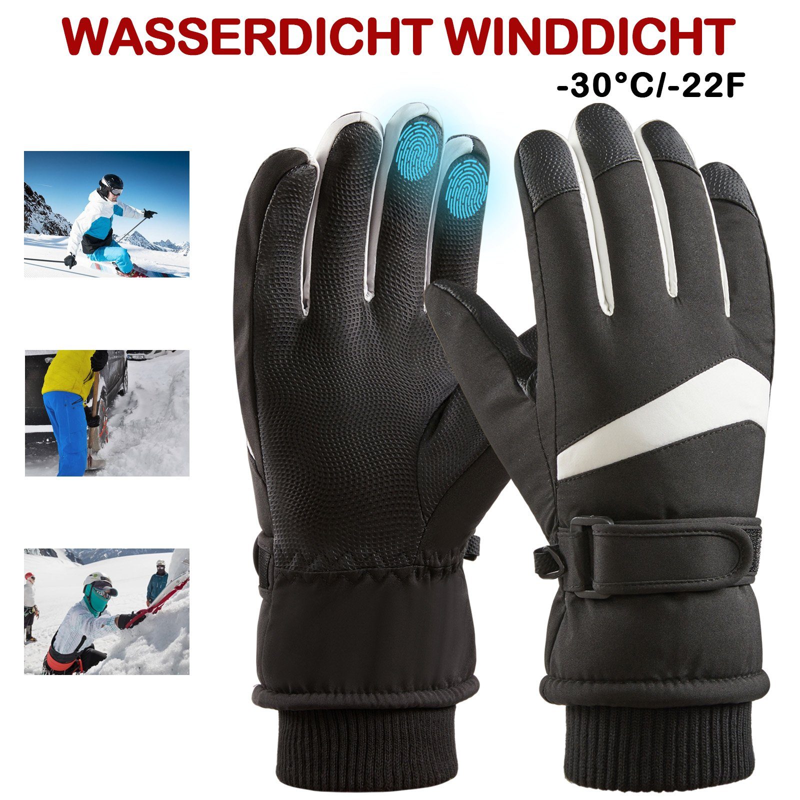 Rosnek Skihandschuhe Warm, wasserdicht, rutschfest, Frauen Paar) Outdoor Touchscreen, (1 Radfahren Wandern Sport Skifahren Winter für Männer Weiß