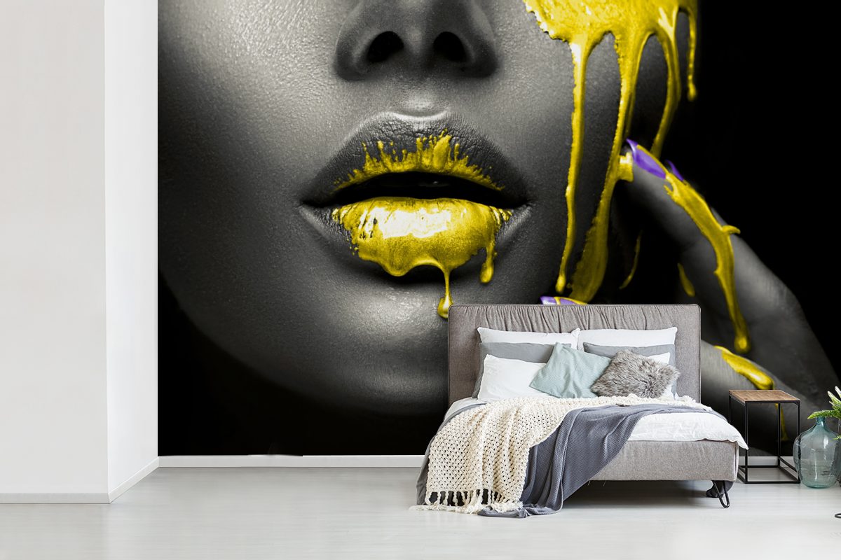 bedruckt, St), MuchoWow Fototapete Wallpaper - Kinderzimmer, Schlafzimmer, - Tapete Schwarz, für Gelb Vinyl Lippen (6 Wohnzimmer, Matt,