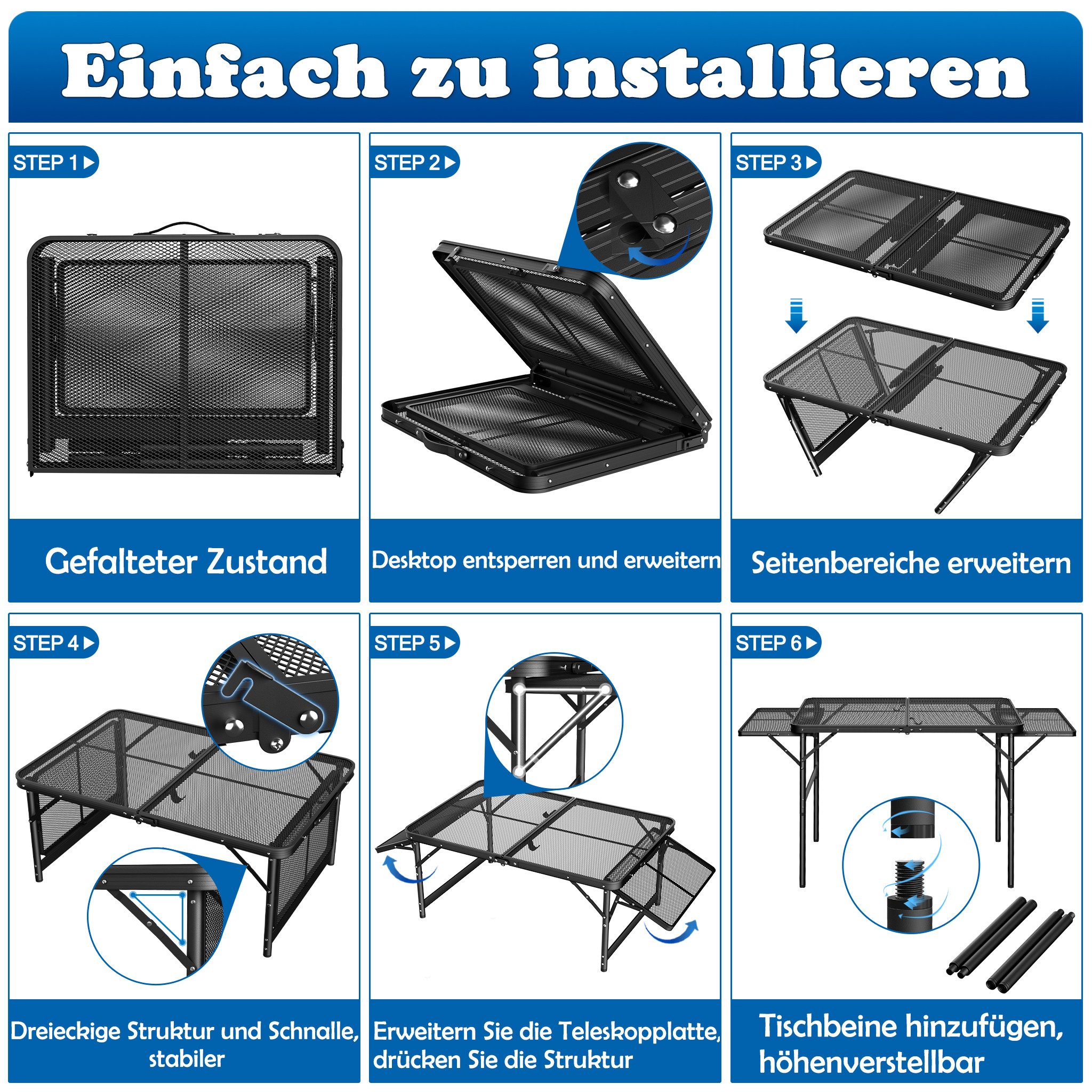 FIVMEN Campingtisch Camping Beistelltisch Klappbar 90×60cm Metallgitterplatte Gartentisch, Höhenverstellbarer Camping Tisch Outdoor Picknicktisch Klapptisch – Bild 5 von 5