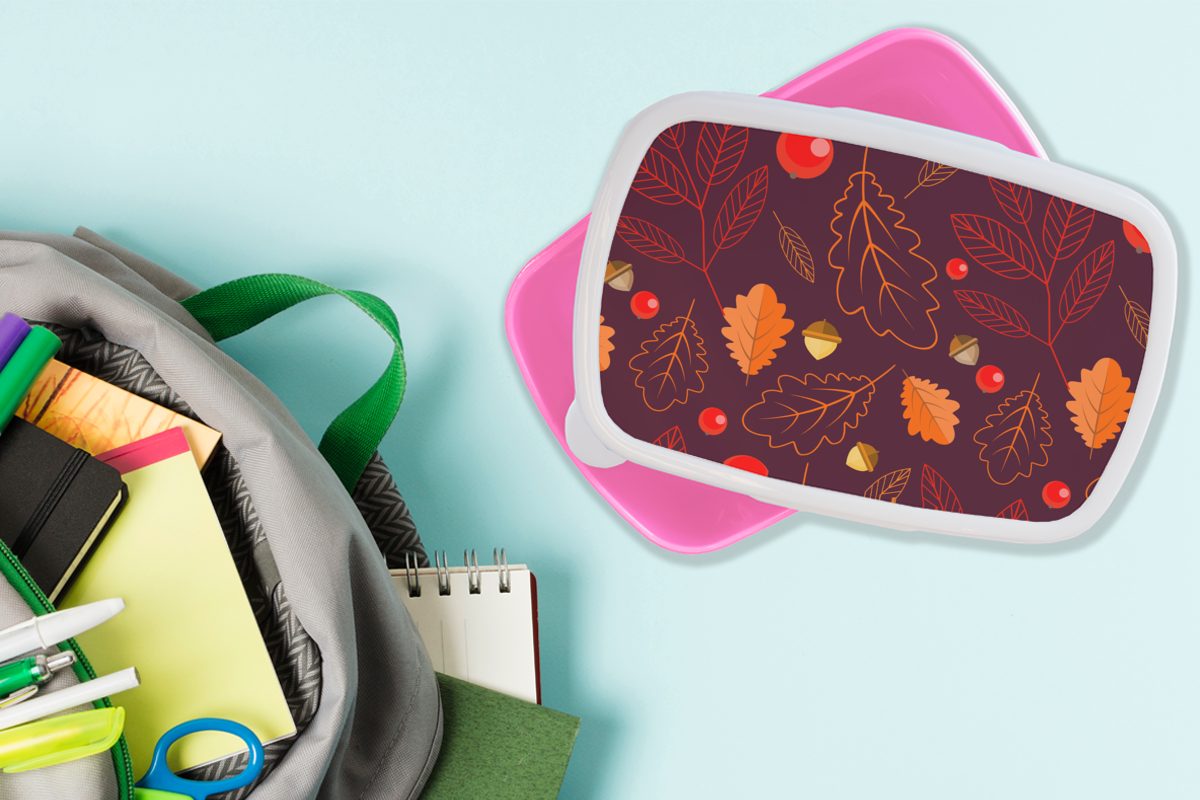 MuchoWow Lunchbox Muster - (2-tlg), Snackbox, Erwachsene, Brotbox rosa - Laub Mädchen, Kunststoff Brotdose Kinder, Kinder, Mädchen - Kunststoff, Kinder - für - Herbst