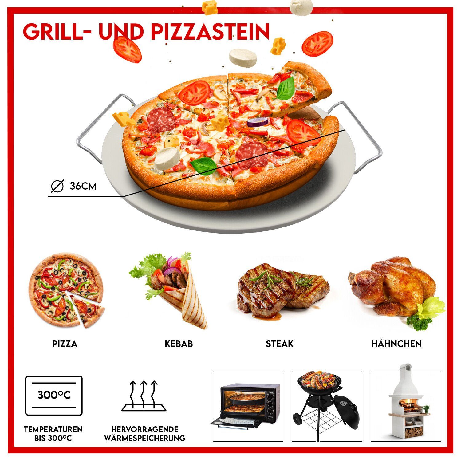 Pizzastein Pizzastein Rund Ø 36 cm für Backofen Grill Stein Brotbackstein, Cordieritstein, (Set, 1-St., Pizzastein mit Gestell), Pizzastein mit Gestell