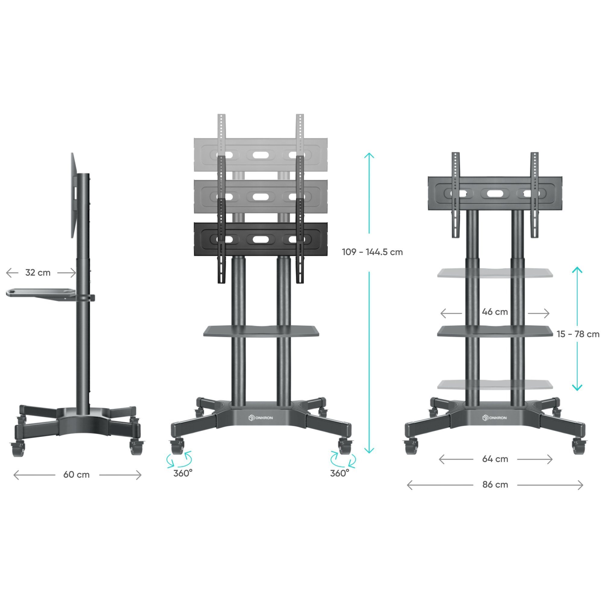 rollbar Rollen kg, mit ONKRON 100x100-600x400 TV bis höhenverstellbar 40-65 support 45 TV TV Standfuss designed Zoll Ständer mm - TV-Regal VESA Ständer to