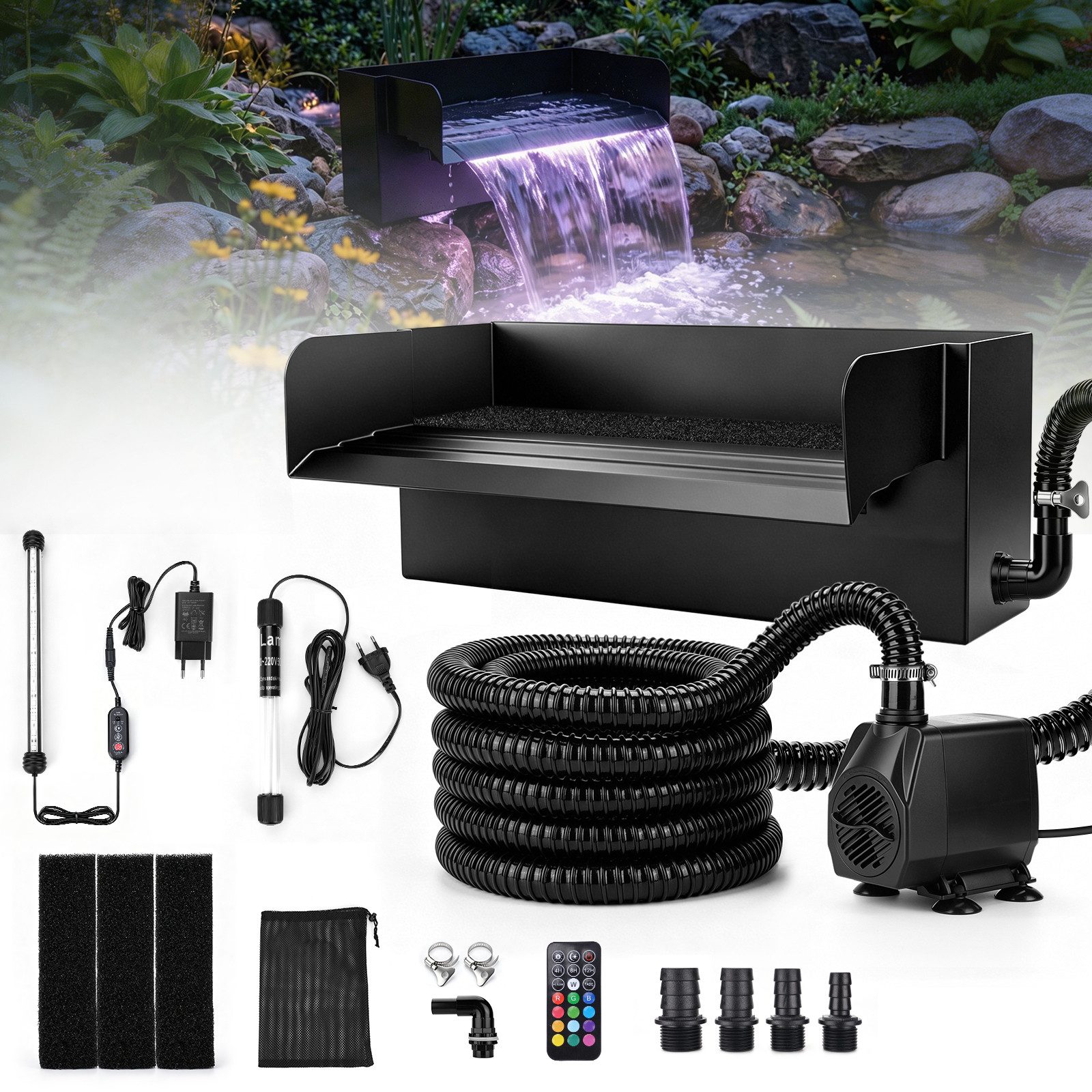 XERSEK Wasserfall Teichwasserfall mit UVC-Lampe RGB-Licht 45W-Pumpe Filter Wasserspiel, 31 cm Breite, (Set, 3000L/H Teichpumpe mit Edelstahl-Auslauf), für Terrasse Bachläufe Gartenteiche Fischteiche