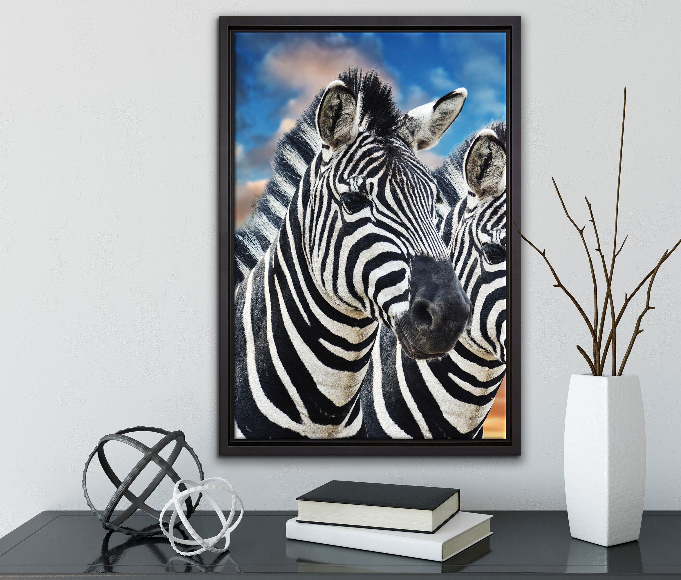 Zebra Leinwandbild (1 in Schattenfugen-Bilderrahmen fertig Leinwandbild Pixxprint Pärchen, bespannt, gefasst, Wanddekoration inkl. St), einem Zackenaufhänger