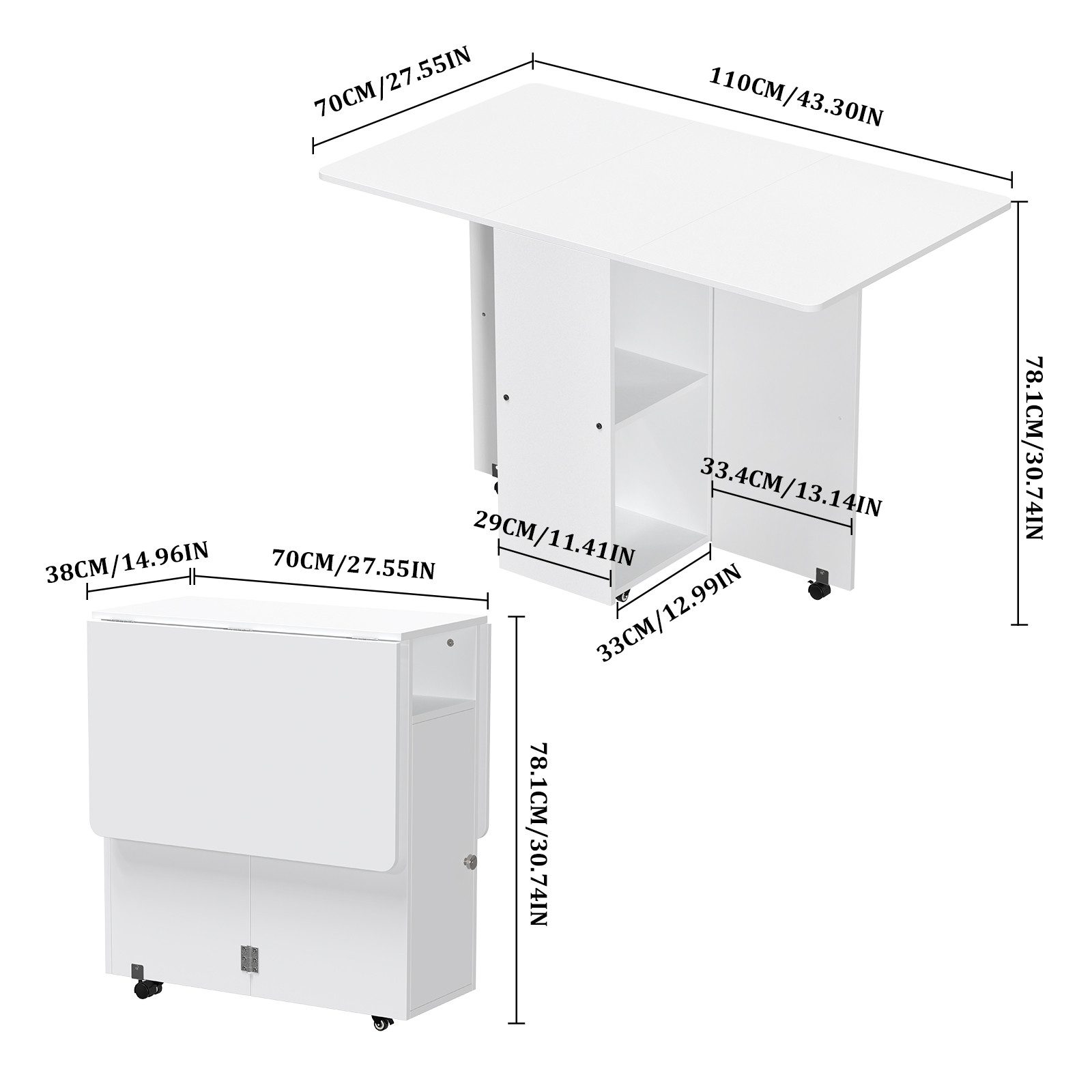 JEOBEST Klapptisch Mobiler Klapptisch, Klappbarer Esstisch mit Offenen Ablagen, Küchentisch Ausziehbar für Kleine Räume 120 x 70 x 78cm