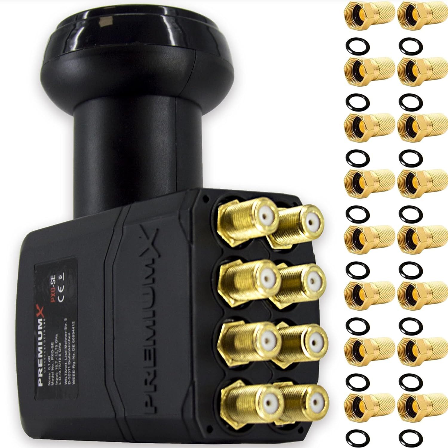 PremiumX Octo LNB SAT für 8 Teilnehmer DVB-S2 HD 4K inkl. 16x F-Stecker Monoblock-LNB