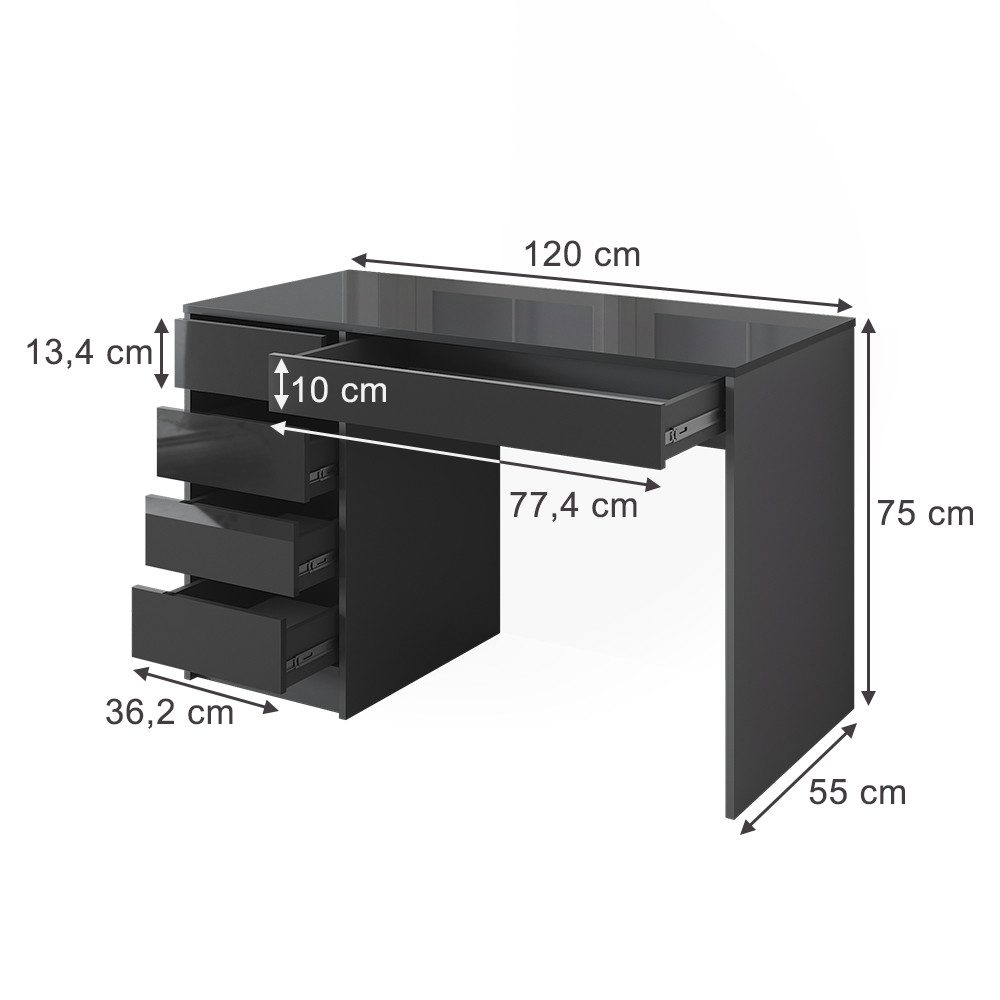 Vicco Schreibtisch Sherry, Anthrazit Hochglanz, 55 x 120 cm mit Schubladen (1-St)