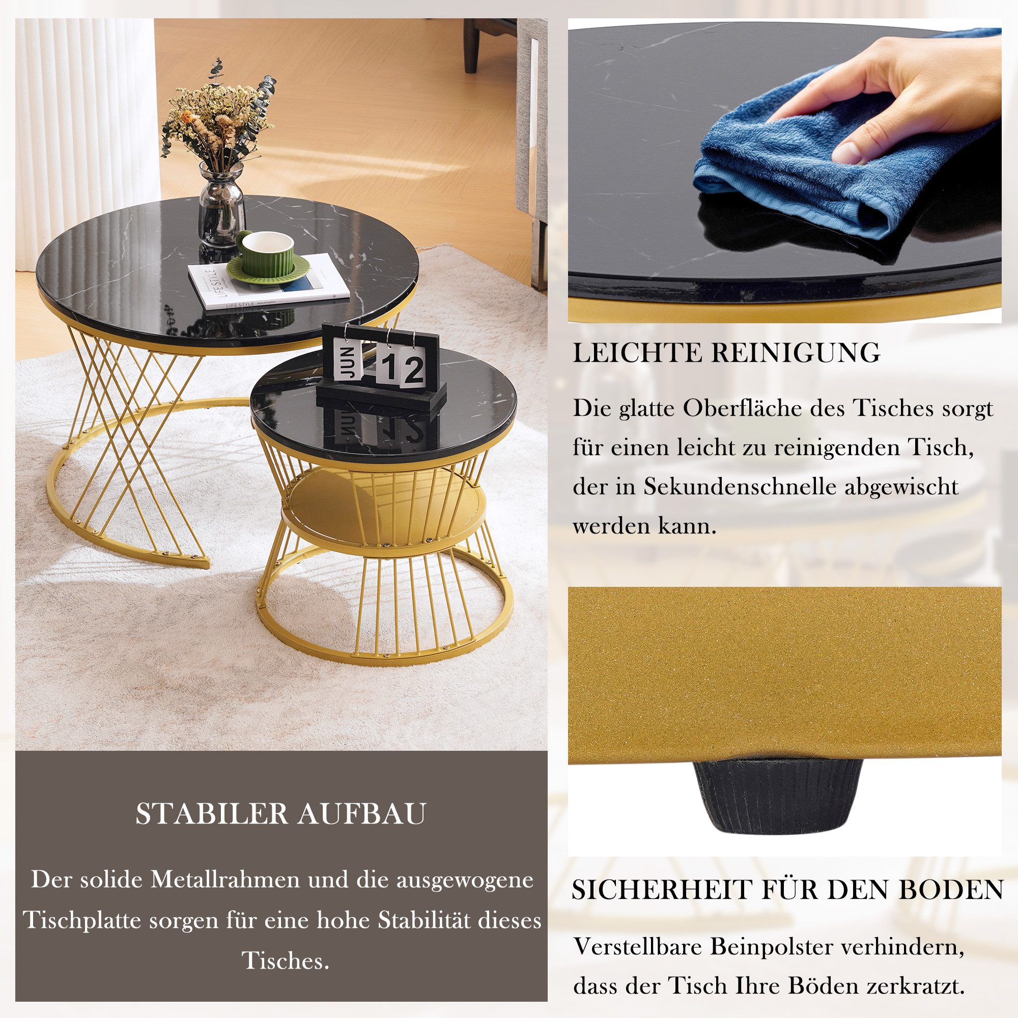 Merax Couchtisch, hochglanz mit Metallrahmen, Satztisch in Marmoroptik, Woh günstig online kaufen