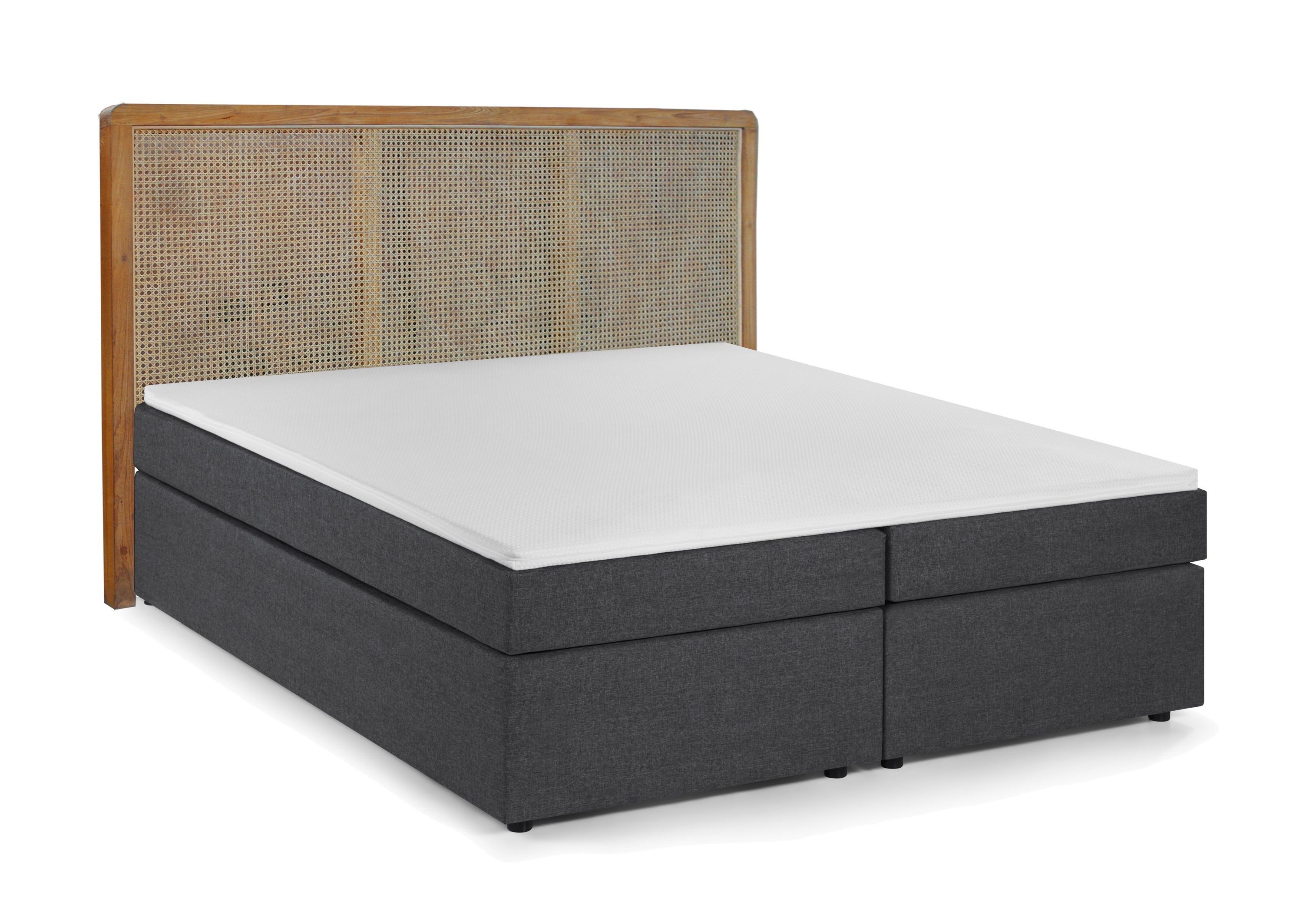 dynamic24 Boxspringbett, Boxspringbett mit Rattan-Kopfteil Teak Grau