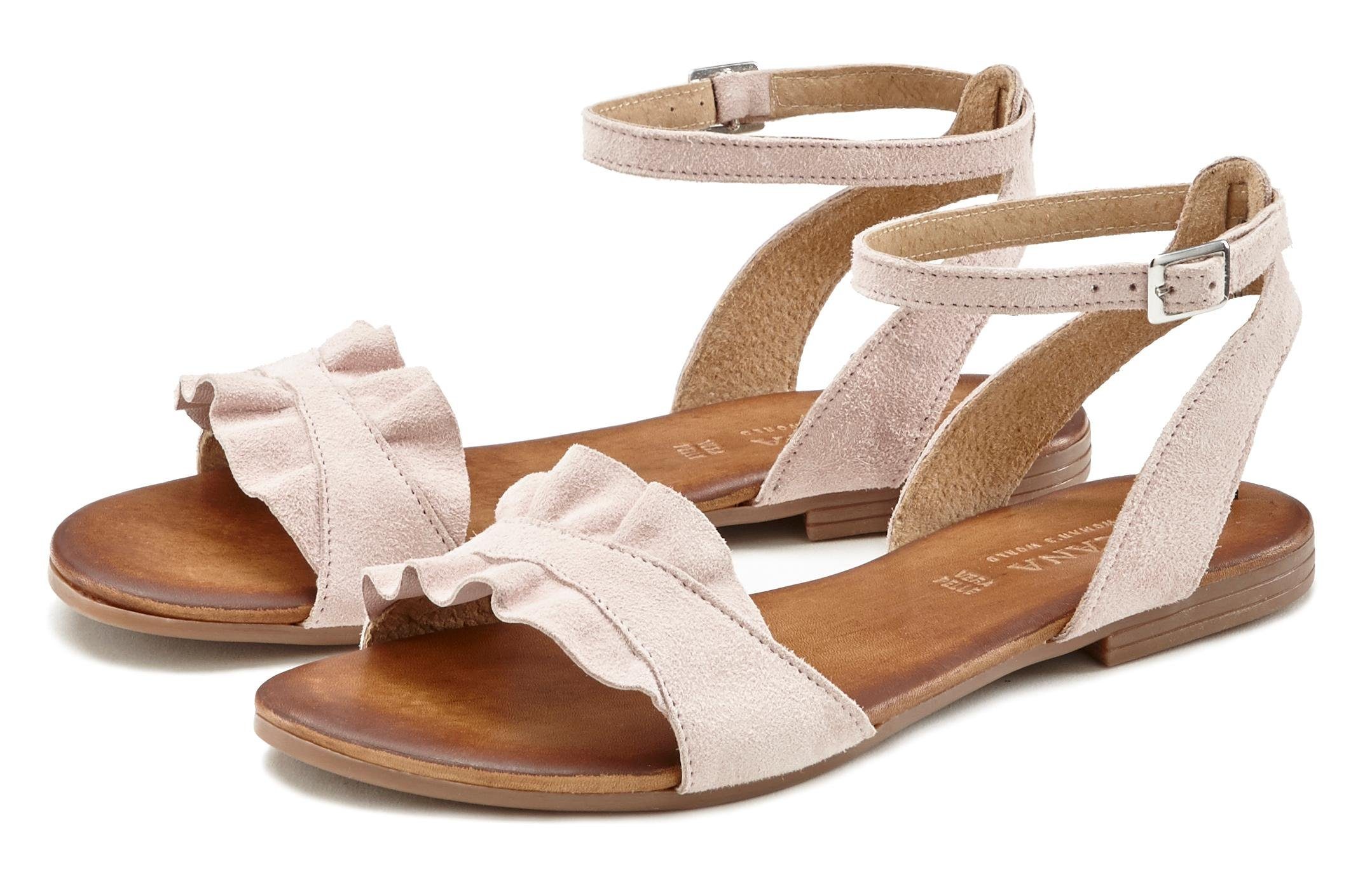 LASCANA Sommerschuh Sandale Sandalette, Sommerschuh aus hochwertigem Leder mit kleinen Rüschen
