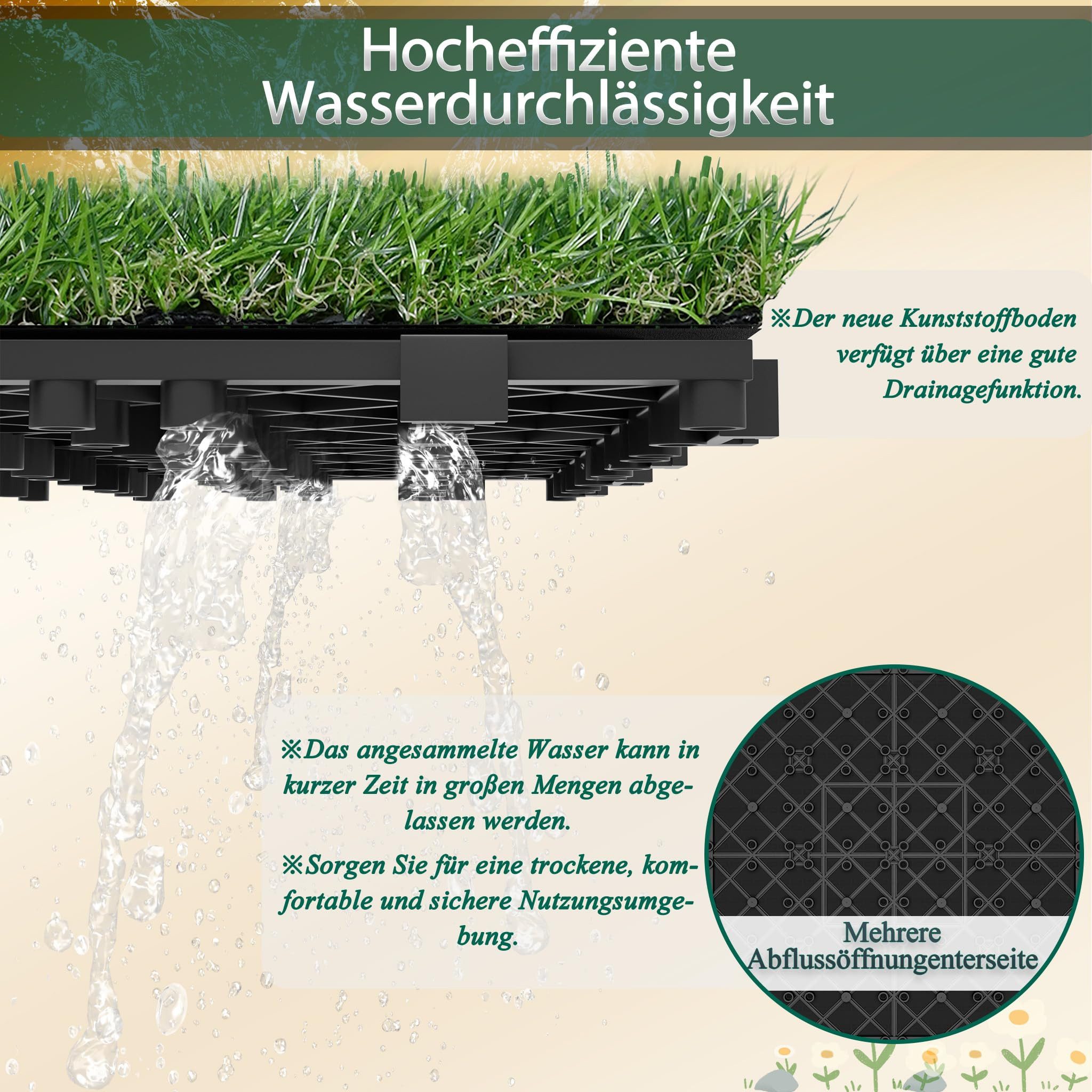 FIVMEN Kunststoff-Fliesen Kunstrase Kunststoff 30 x 30 cm, Rasenteppich Rasenfliese Grasmatte, 33 St., für Balkon Terrasse – Bild 3 von 5