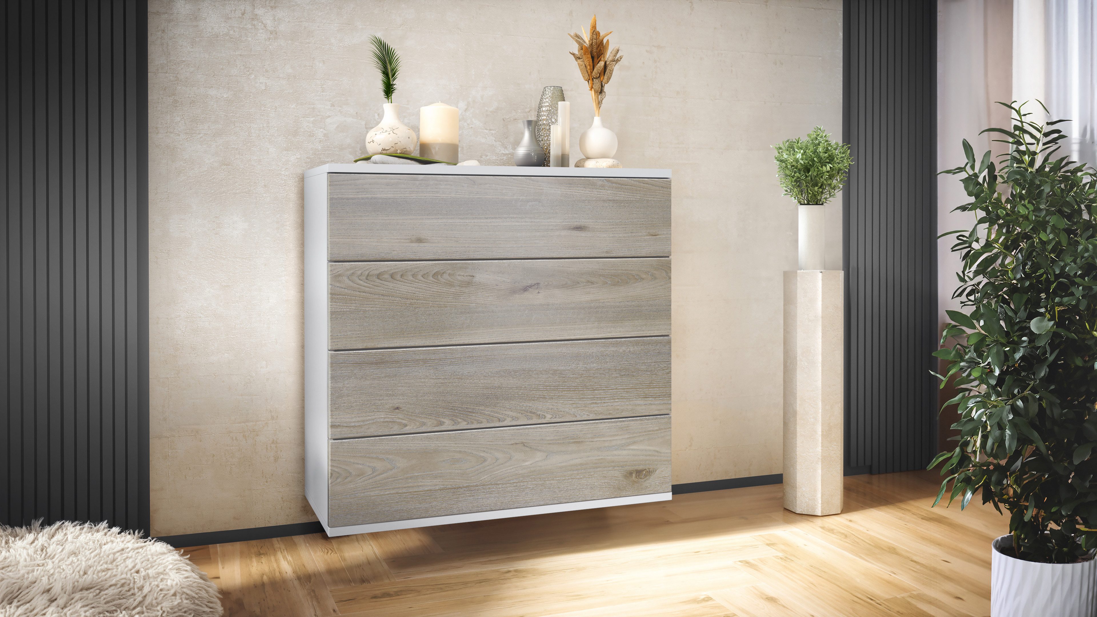Vladon Kommode Pavos V3 (Sideboard hängend, mit 4 Schubladen), Weiß matt/Eiche Nordic (76 x 76 x 35 cm)