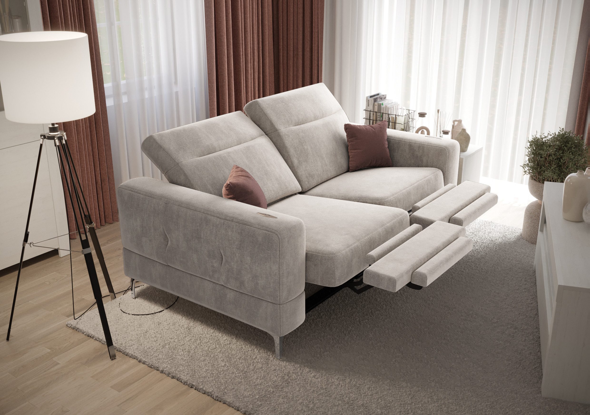 Friderik-EU 2-Sitzer mit elektrischer Relaxfunktion, Malibu Relax II, 180 cm, Terra Stoff, – verstellbaren Kopfstützen – stilvolle Metallfüße